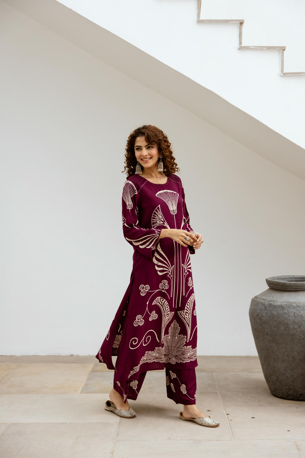 Women's Wine German Rayon Kurta and Palazzo Set