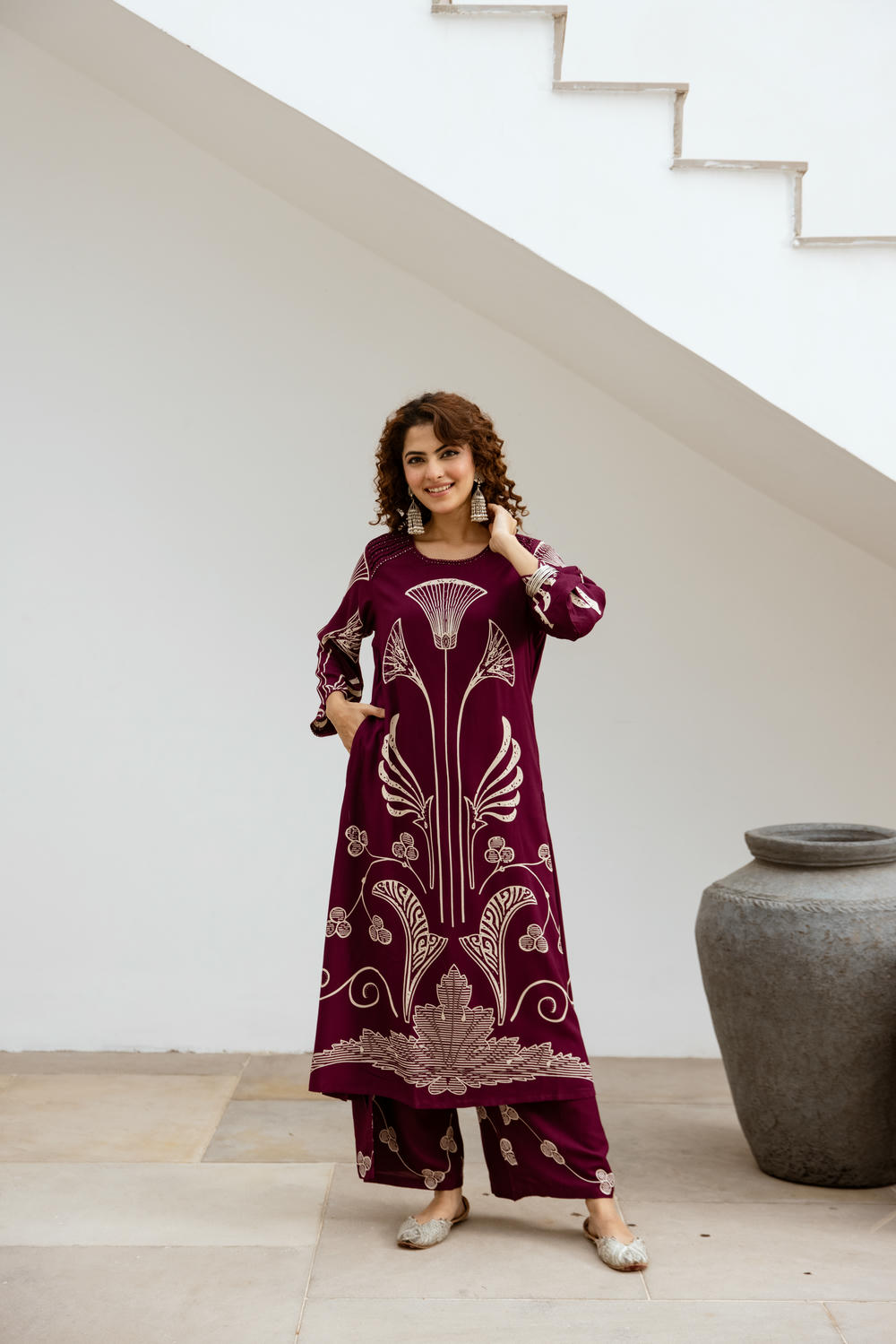 Women's Wine German Rayon Kurta and Palazzo Set