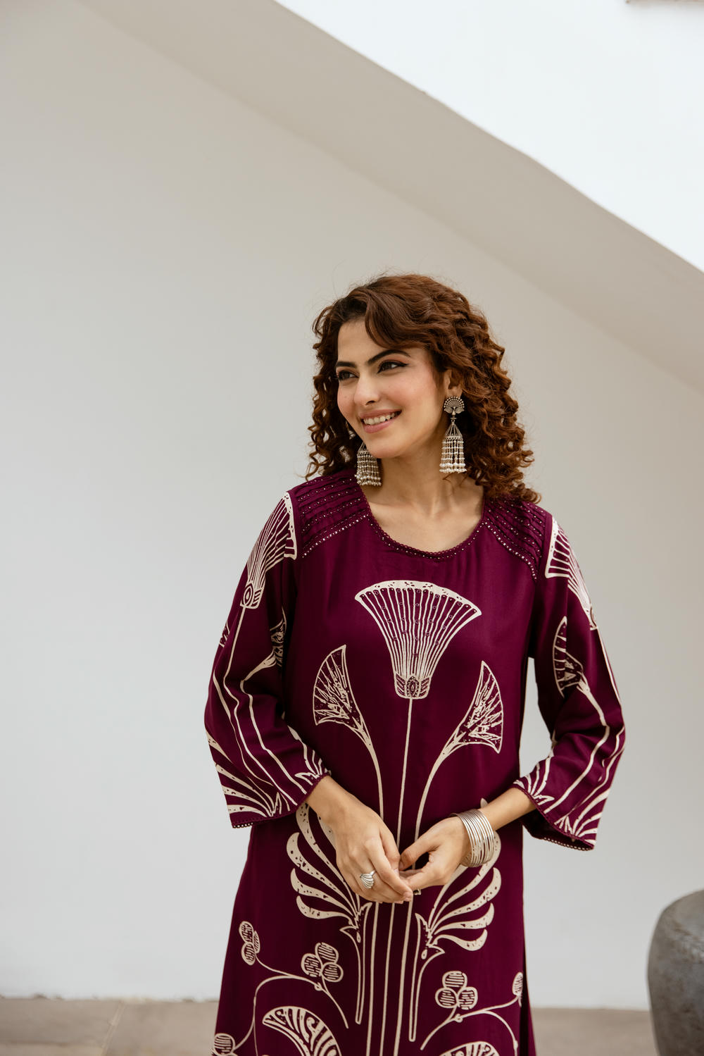 Women's Wine German Rayon Kurta and Palazzo Set