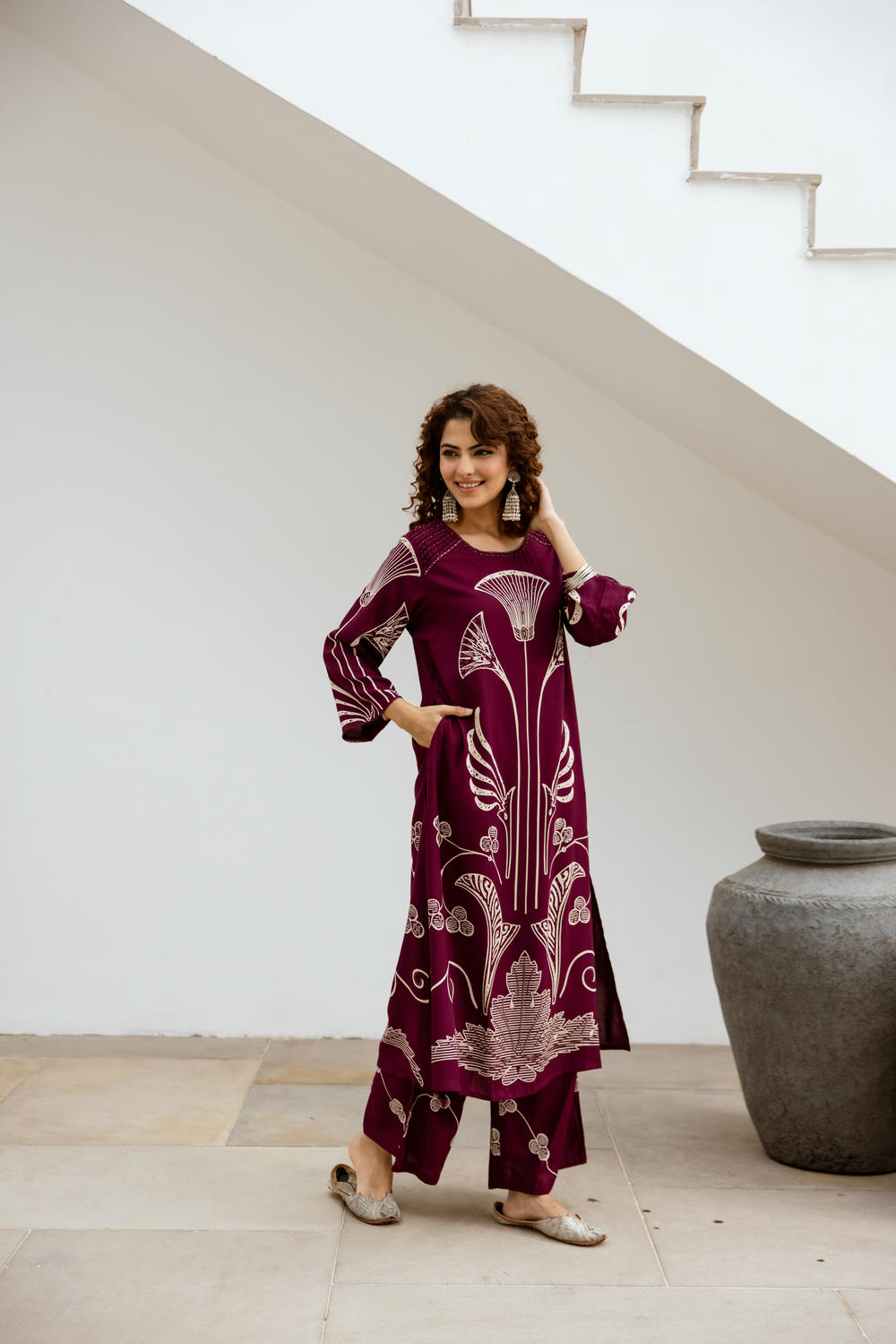 Women's Wine German Rayon Kurta and Palazzo Set