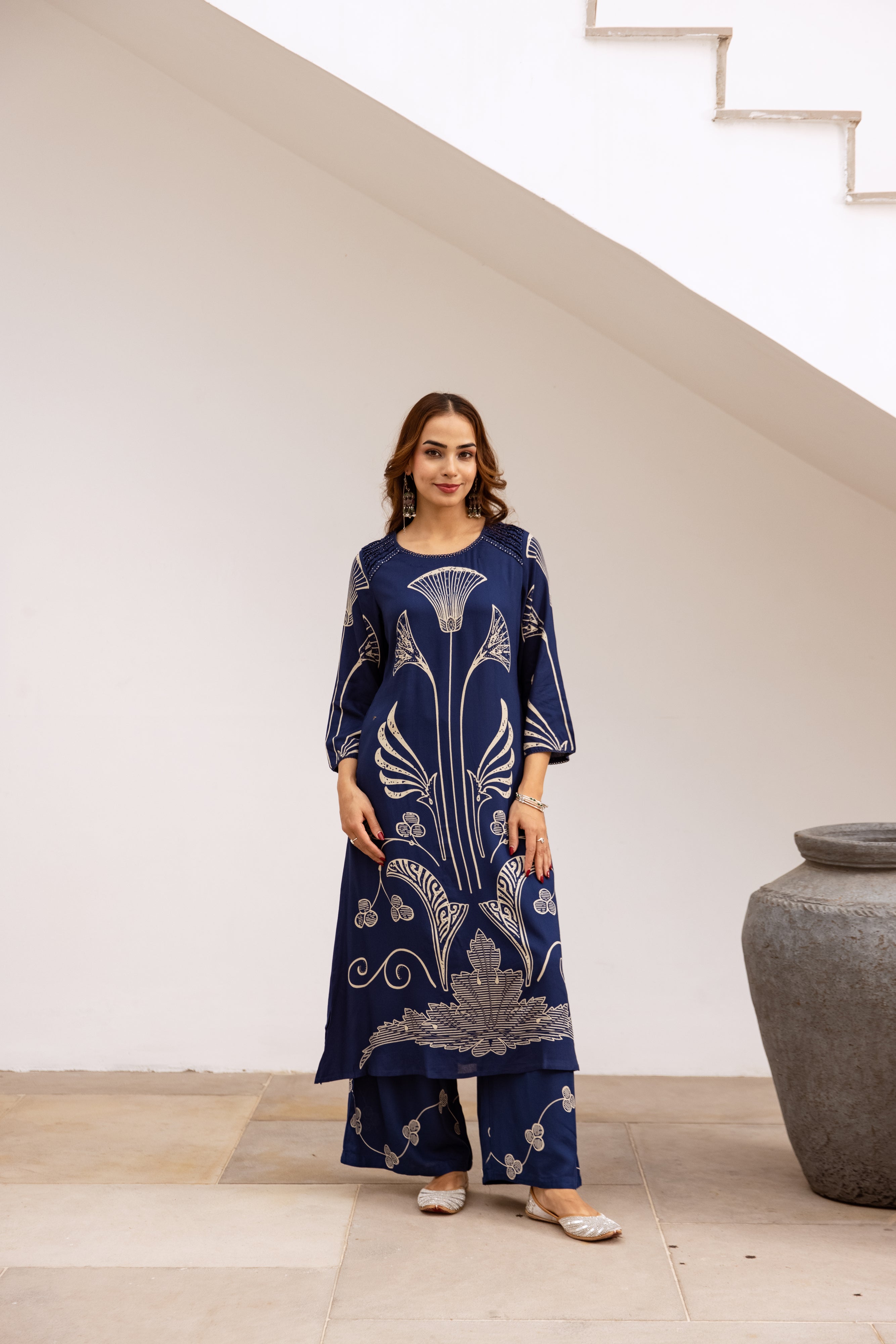 Women's Royal Blue German Rayon Kurta and Palazzo Set