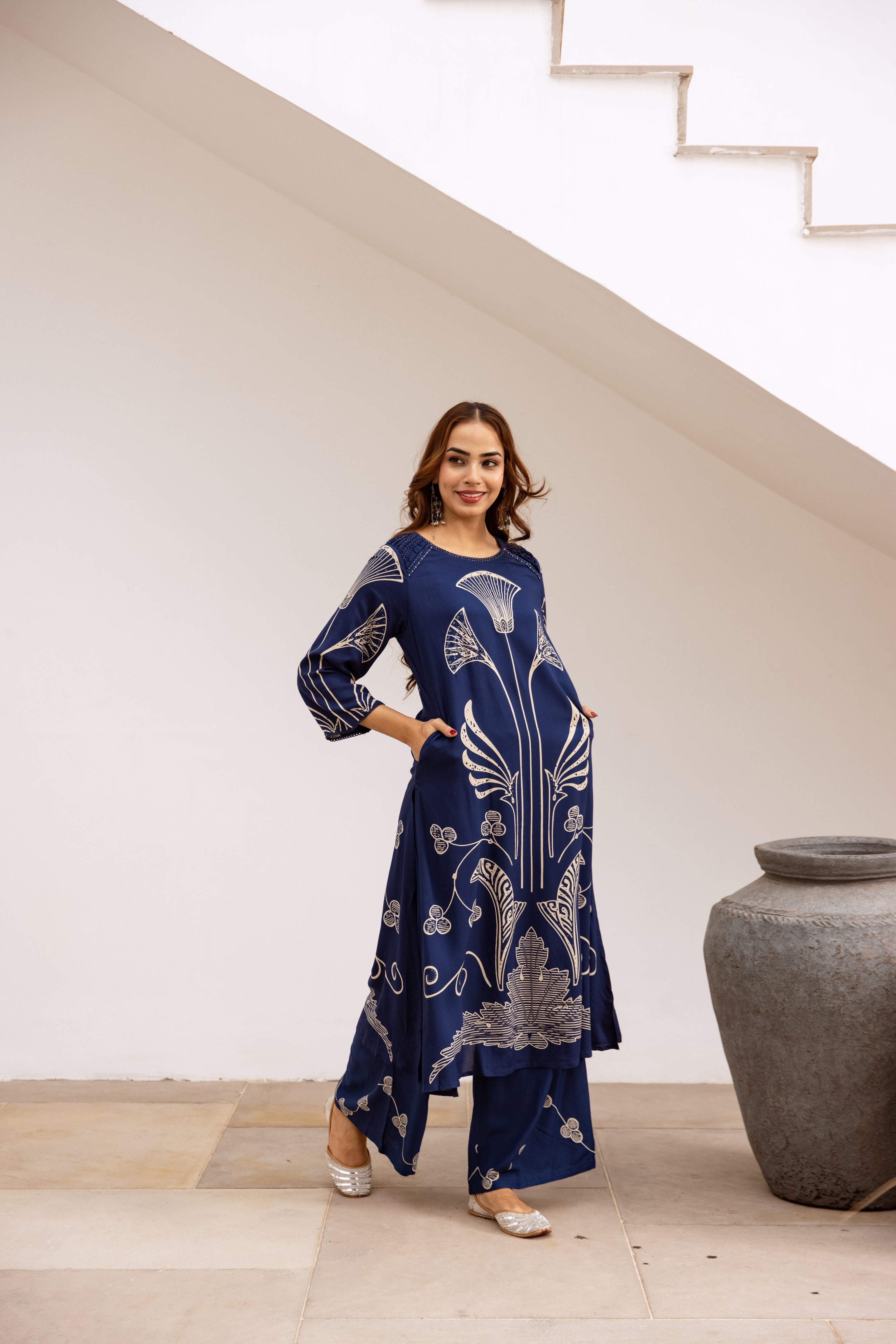 Women's Royal Blue German Rayon Kurta and Palazzo Set