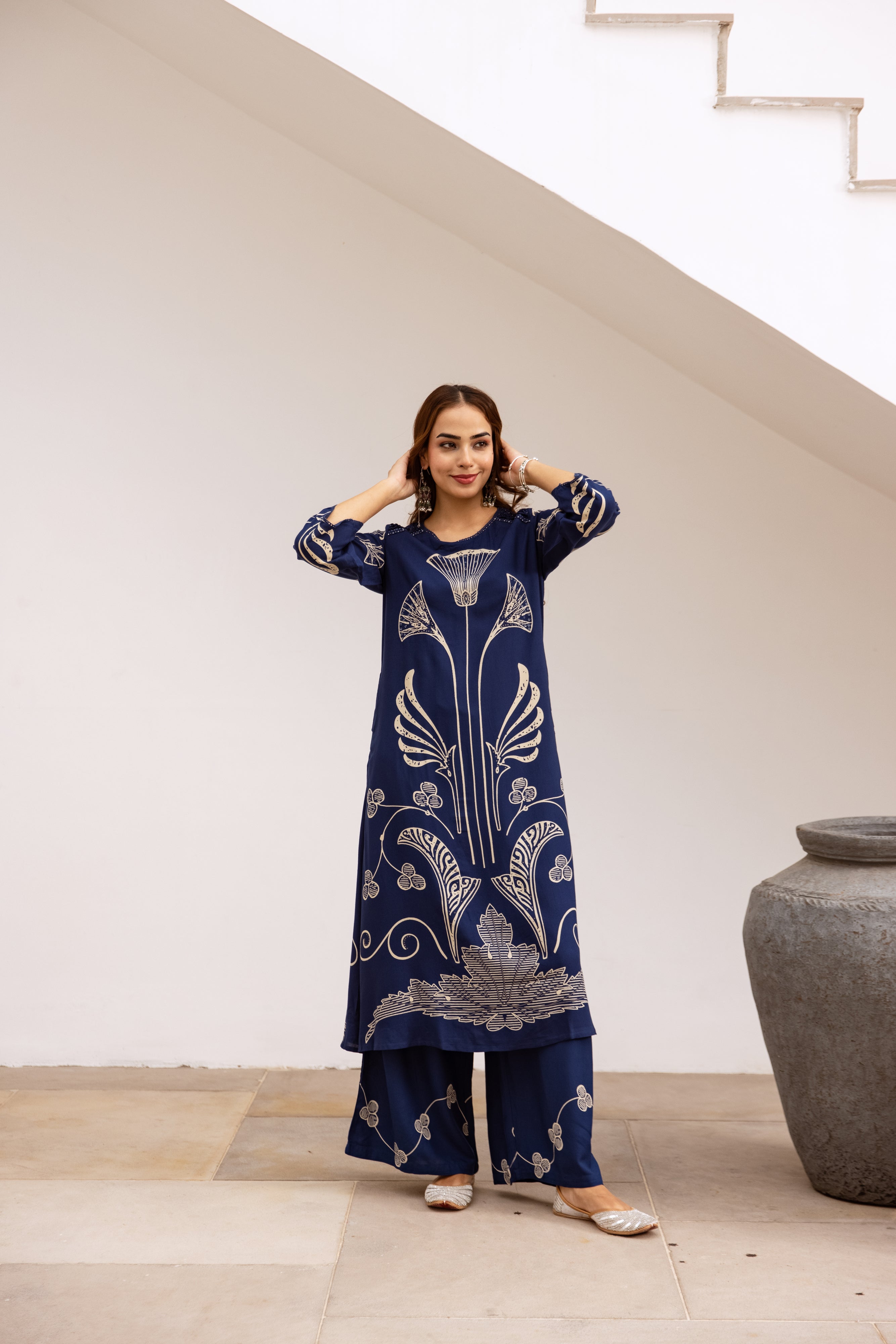 Women's Royal Blue German Rayon Kurta and Palazzo Set