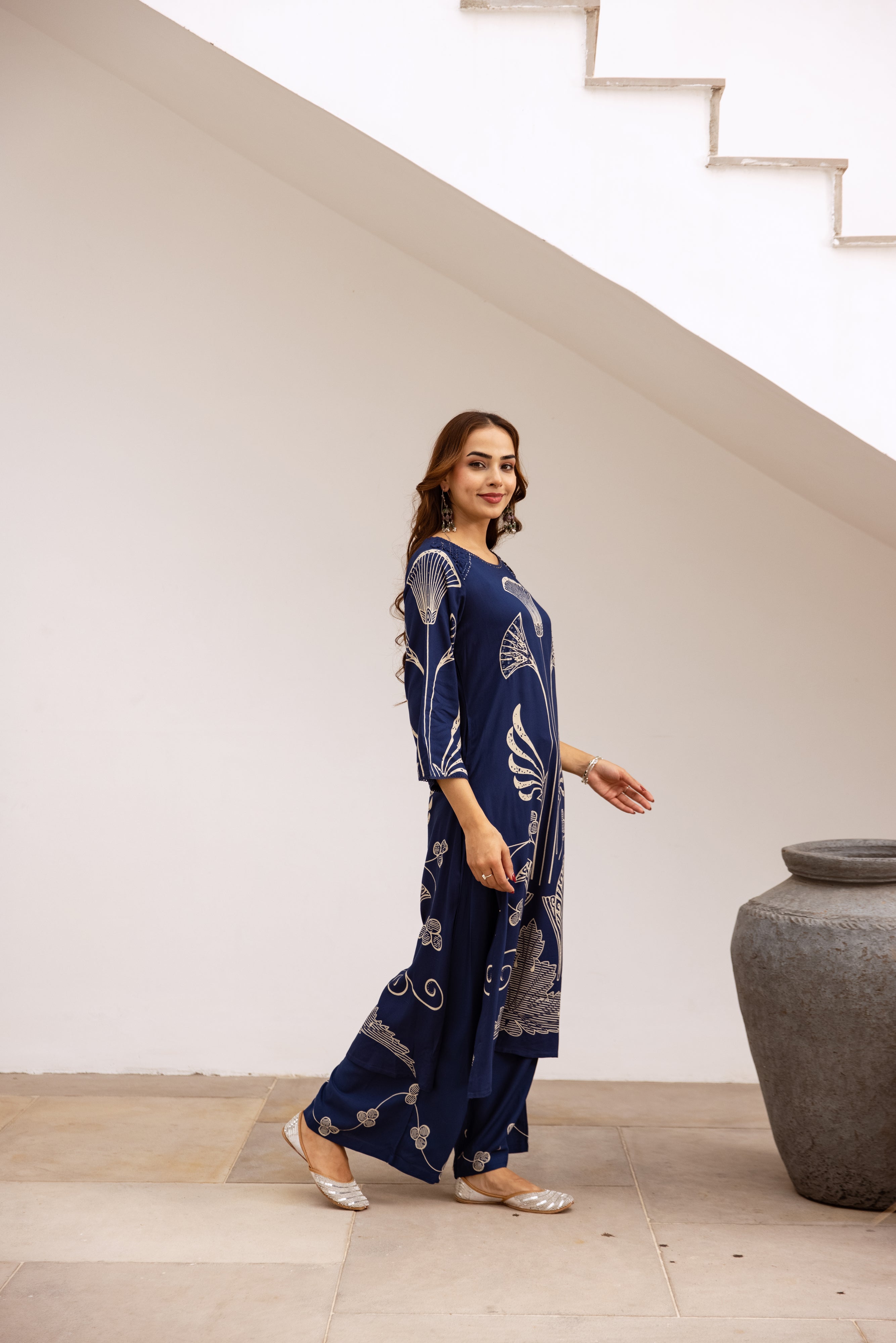 Women's Royal Blue German Rayon Kurta and Palazzo Set
