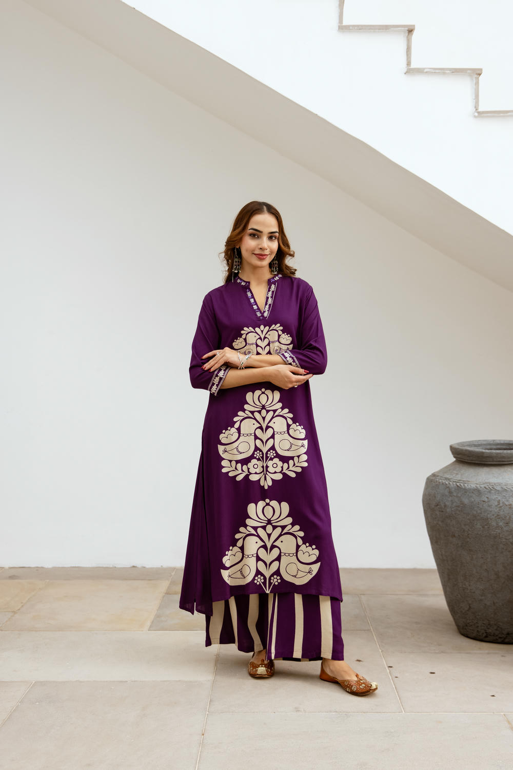 Women's Purple German Rayon Kurta and Palazzo Set
