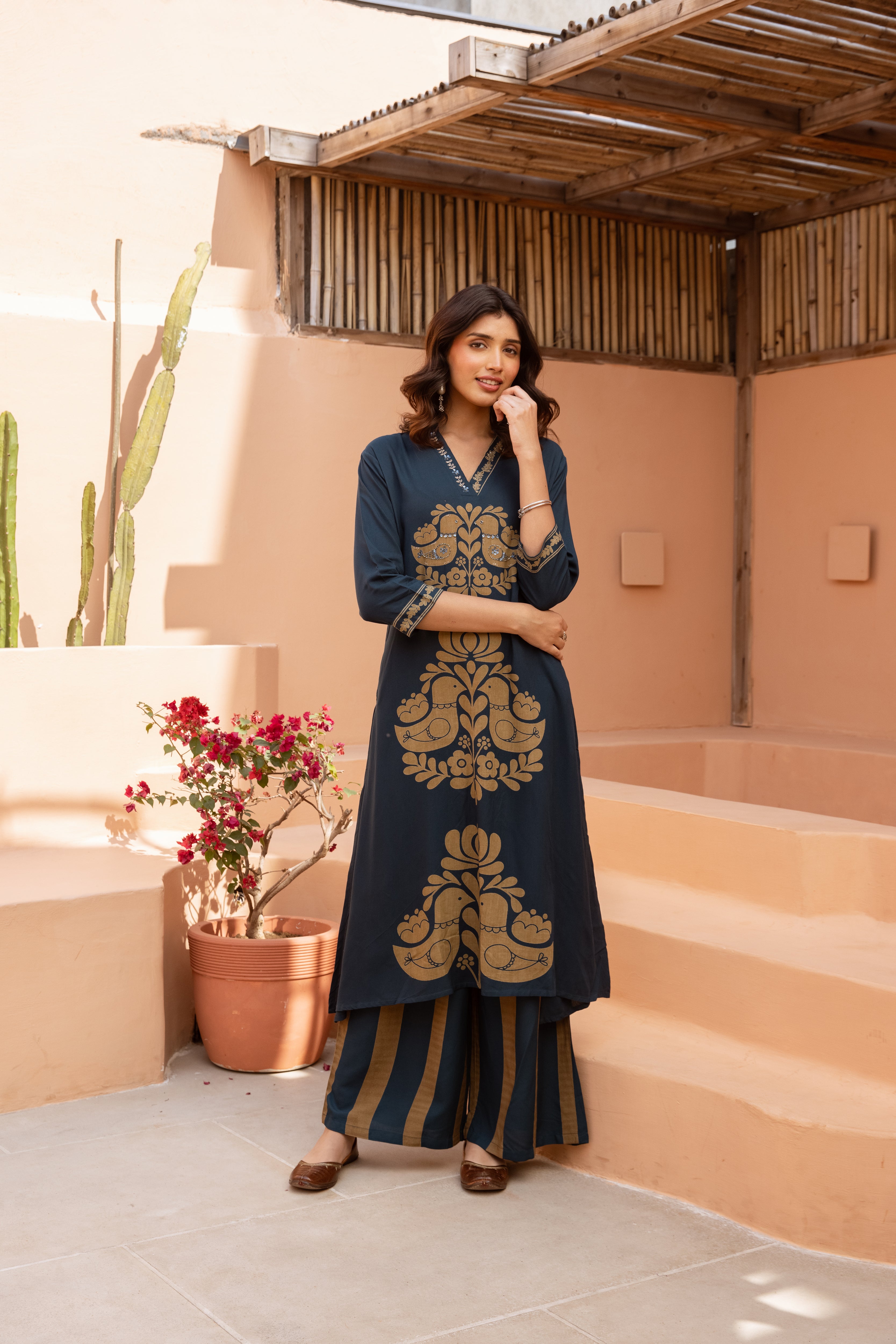 Women's Teal Blue German Rayon Kurta and Palazzo Set