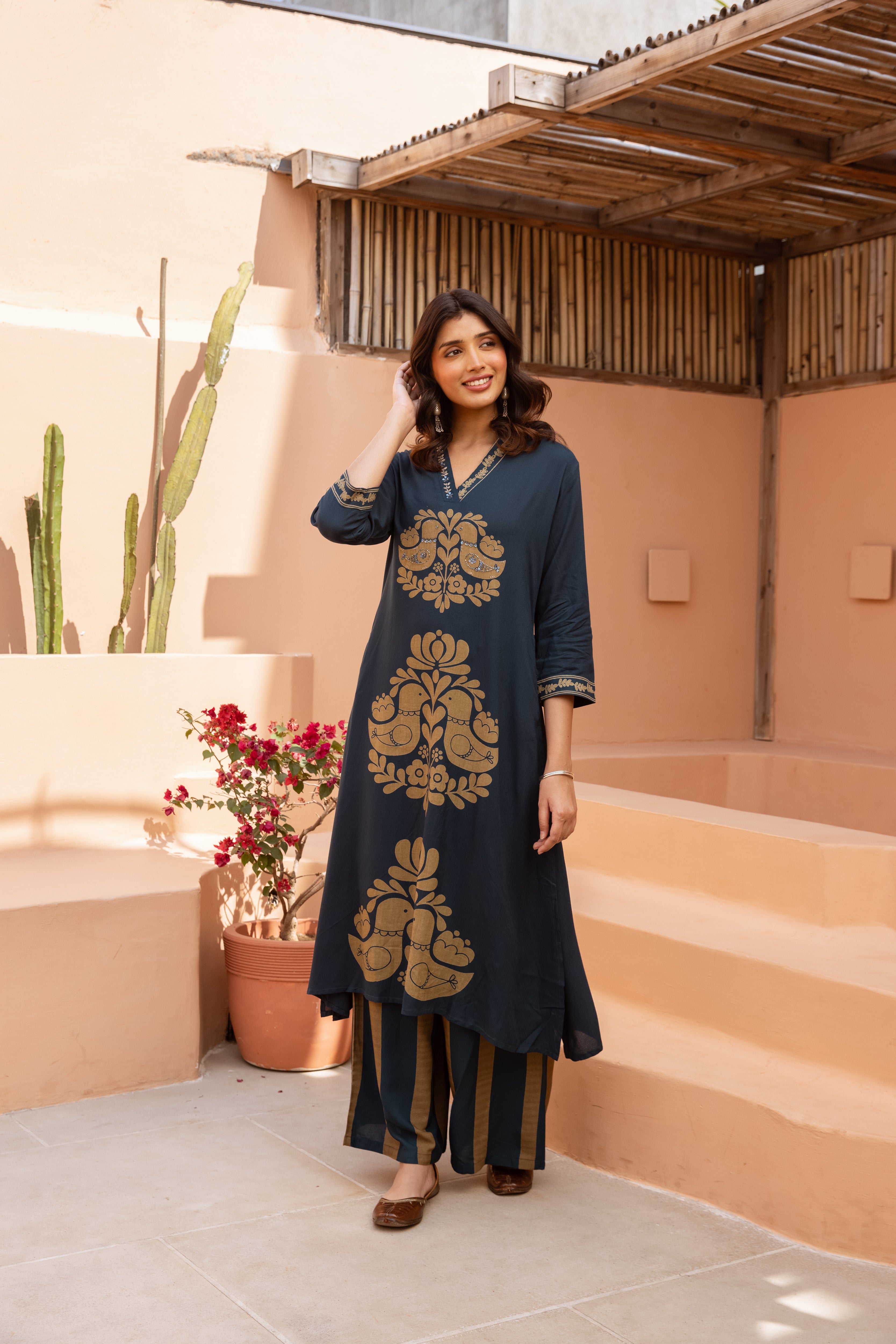 Women's Teal Blue German Rayon Kurta and Palazzo Set