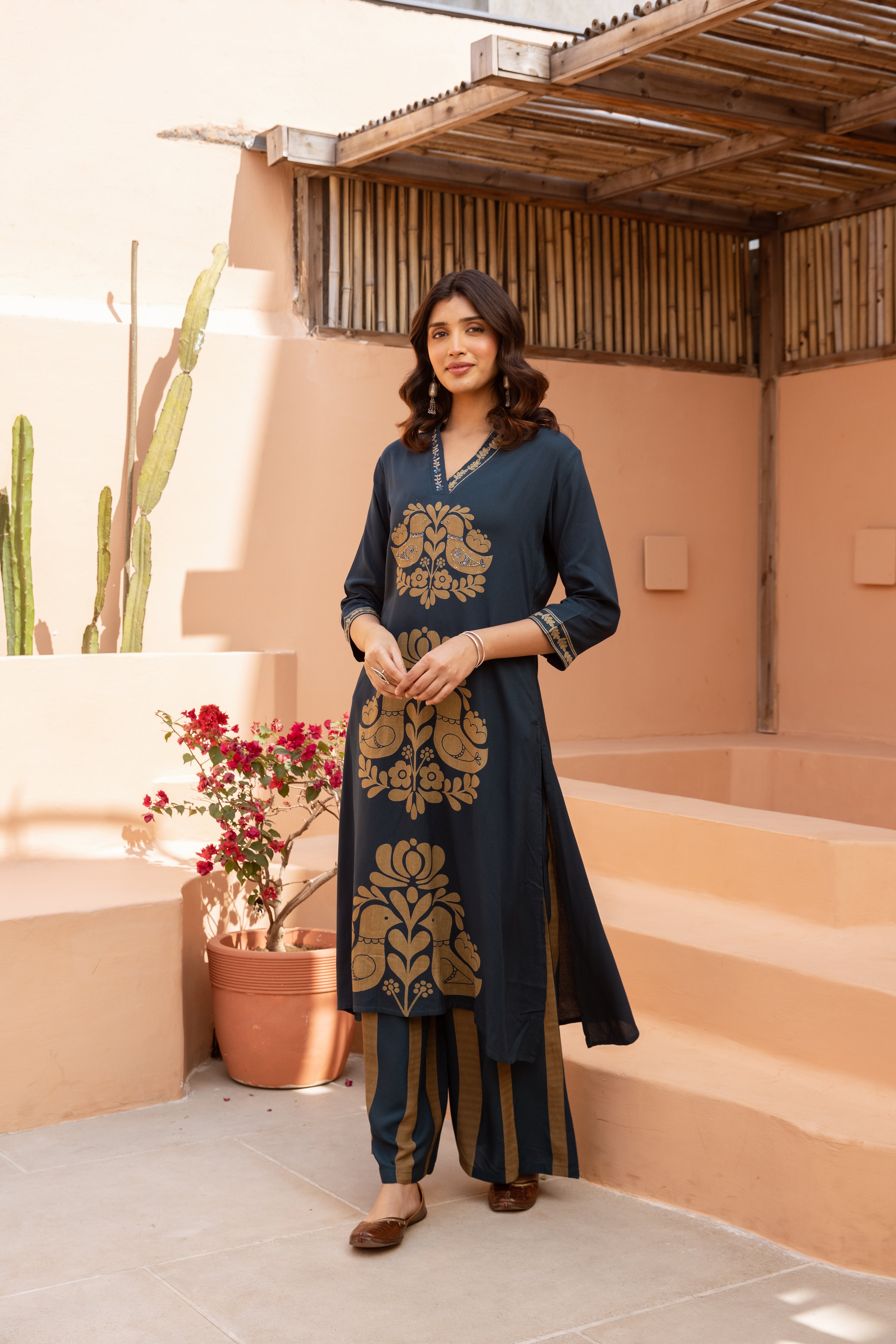 Women's Teal Blue German Rayon Kurta and Palazzo Set