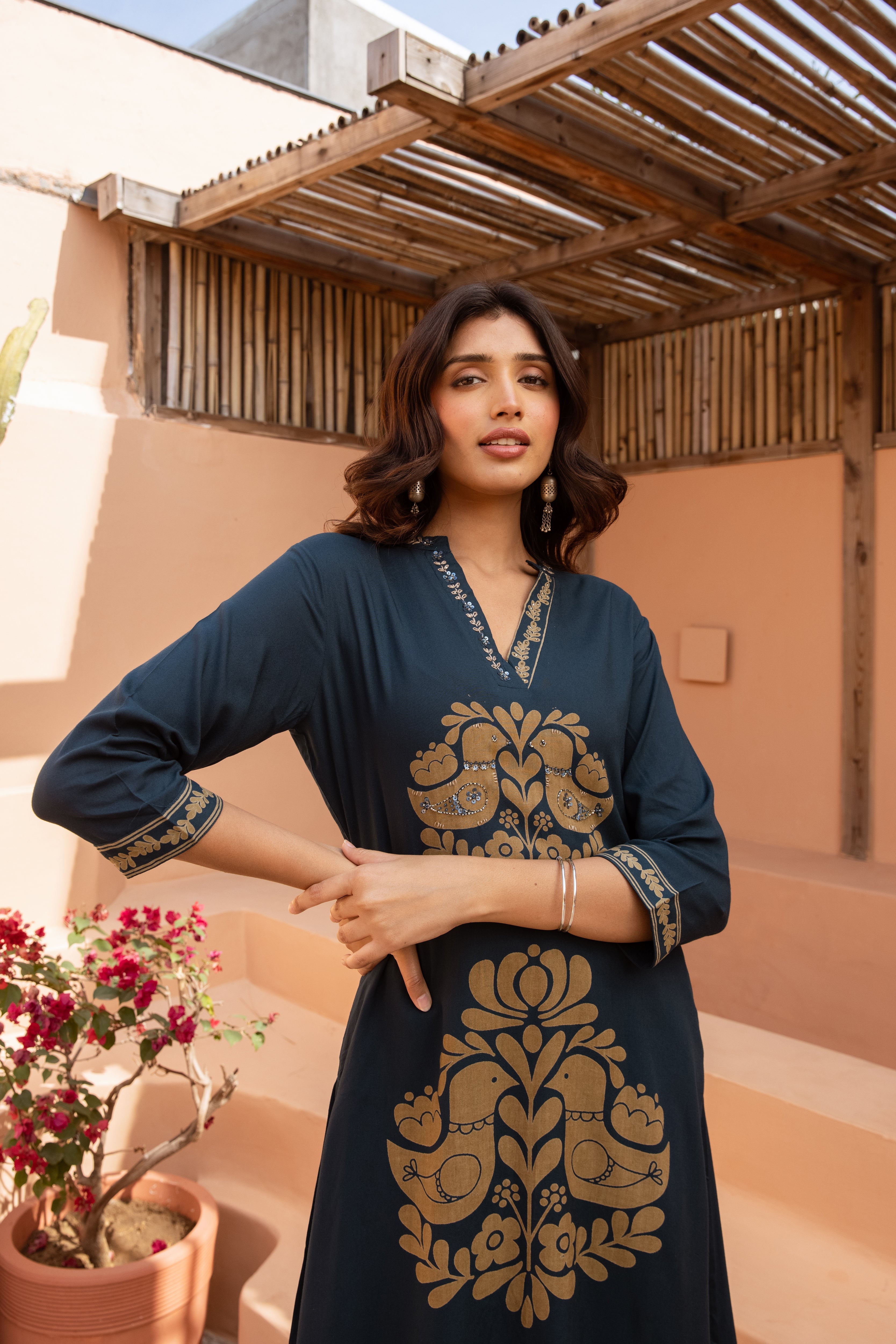 Women's Teal Blue German Rayon Kurta and Palazzo Set