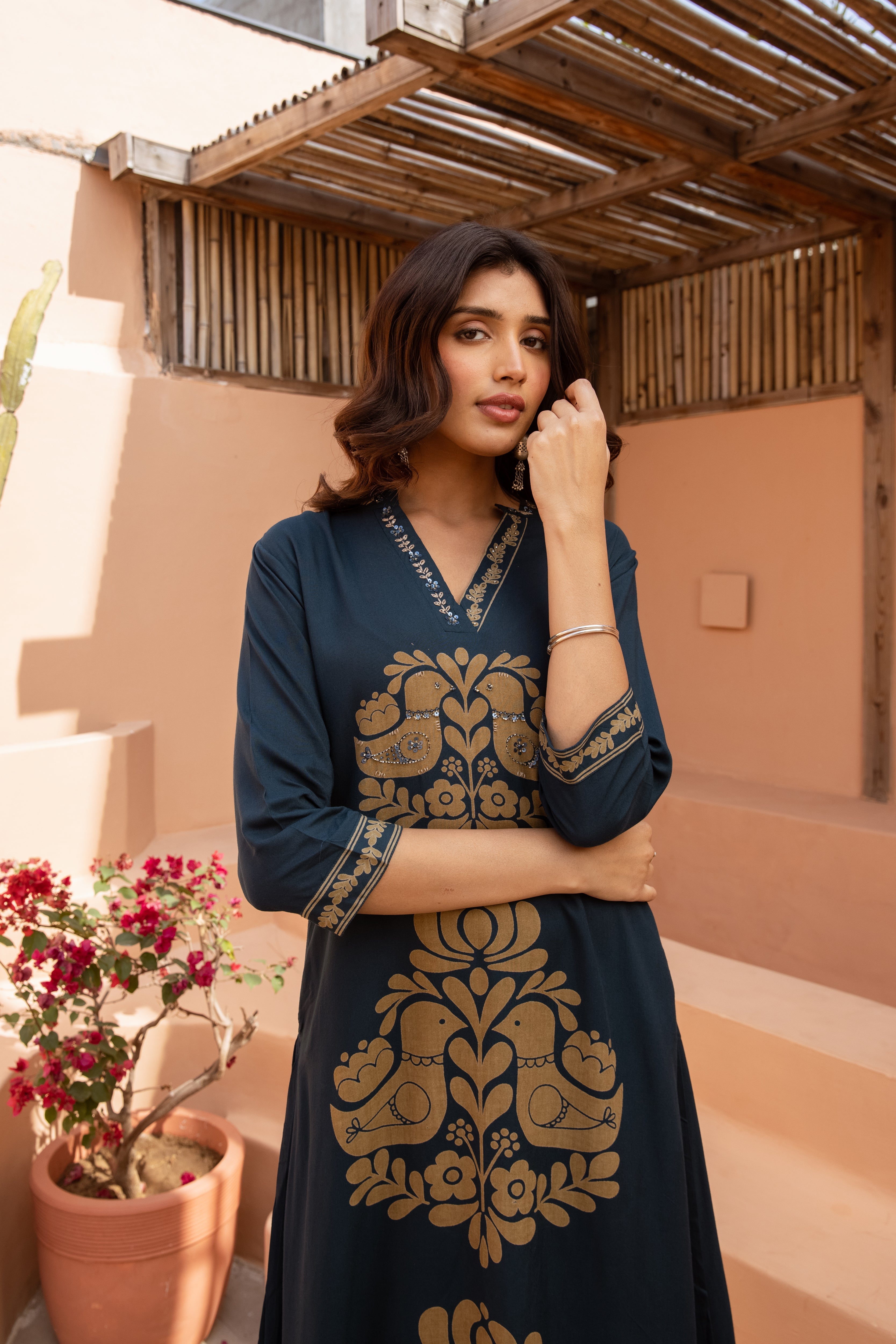 Women's Teal Blue German Rayon Kurta and Palazzo Set