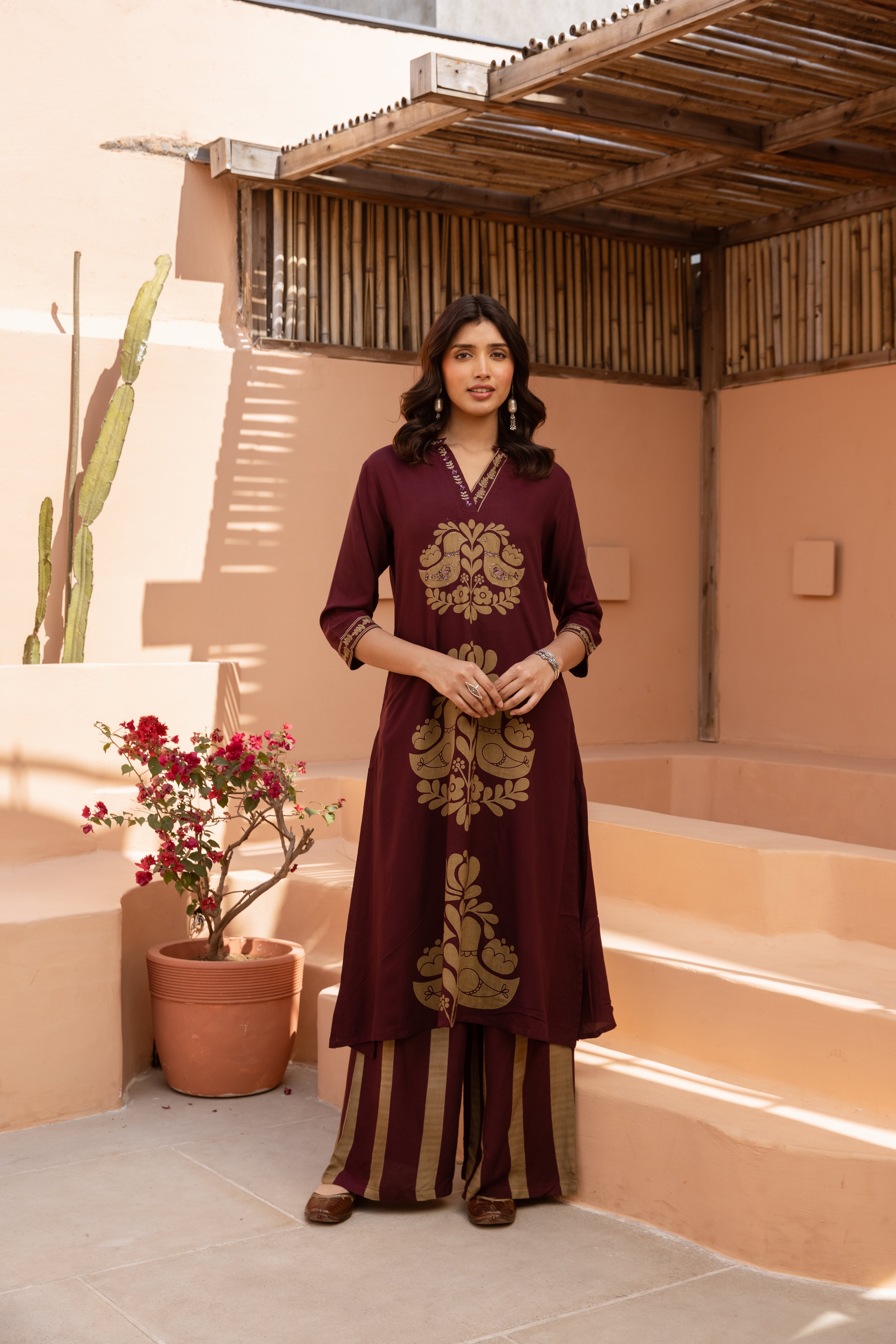 Women's Wine German Rayon Kurta and Palazzo Set