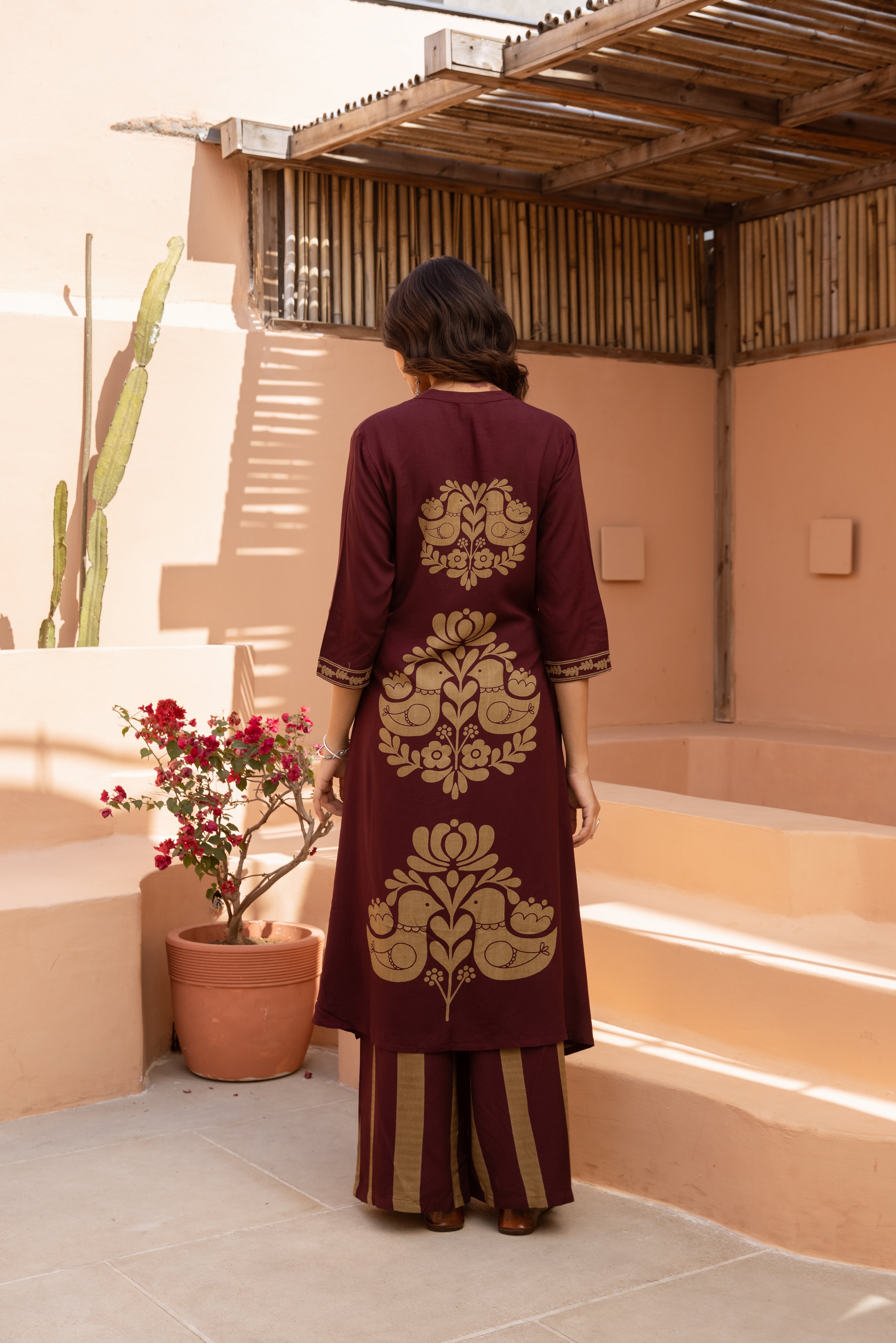 Women's Wine German Rayon Kurta and Palazzo Set