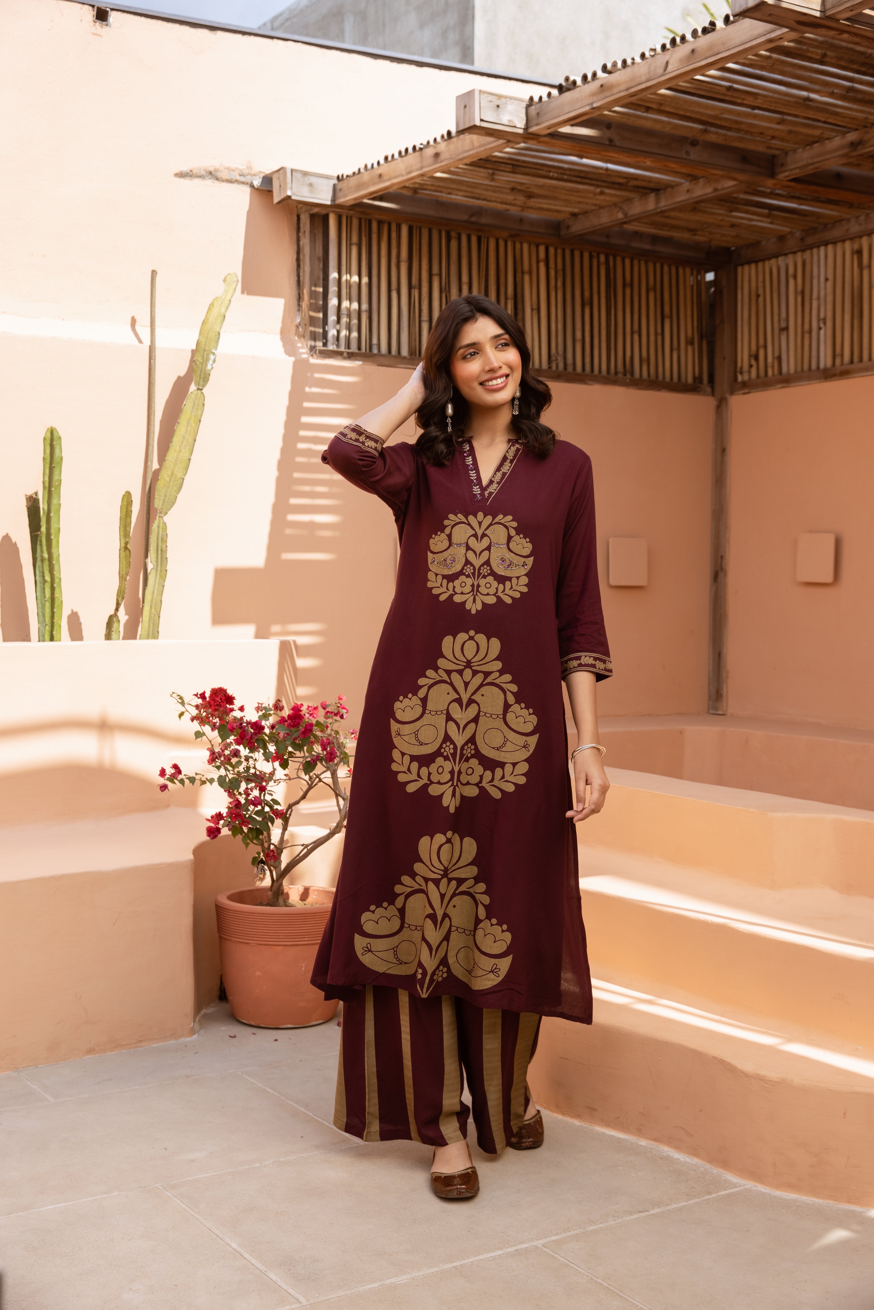 Women's Wine German Rayon Kurta and Palazzo Set