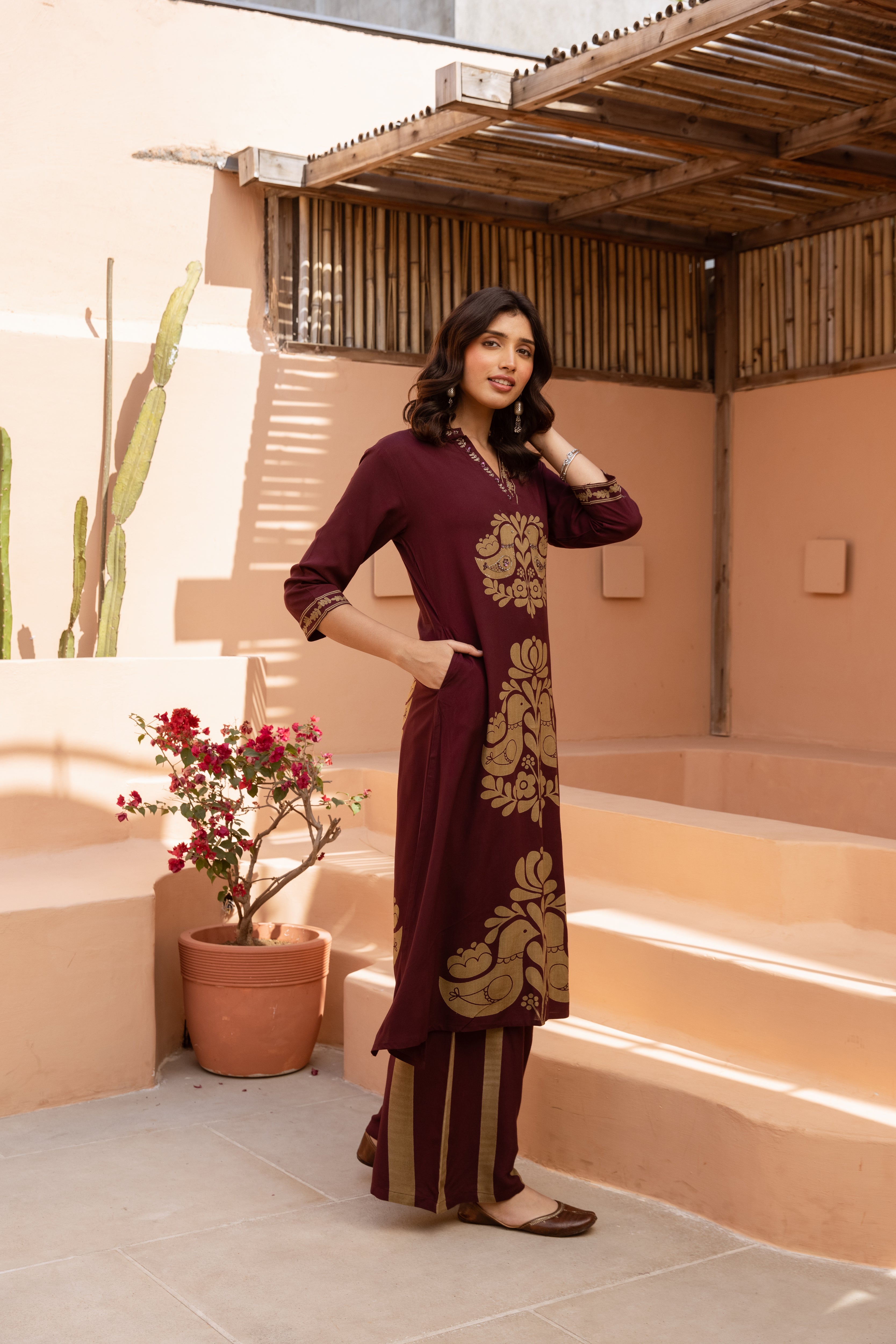 Women's Wine German Rayon Kurta and Palazzo Set