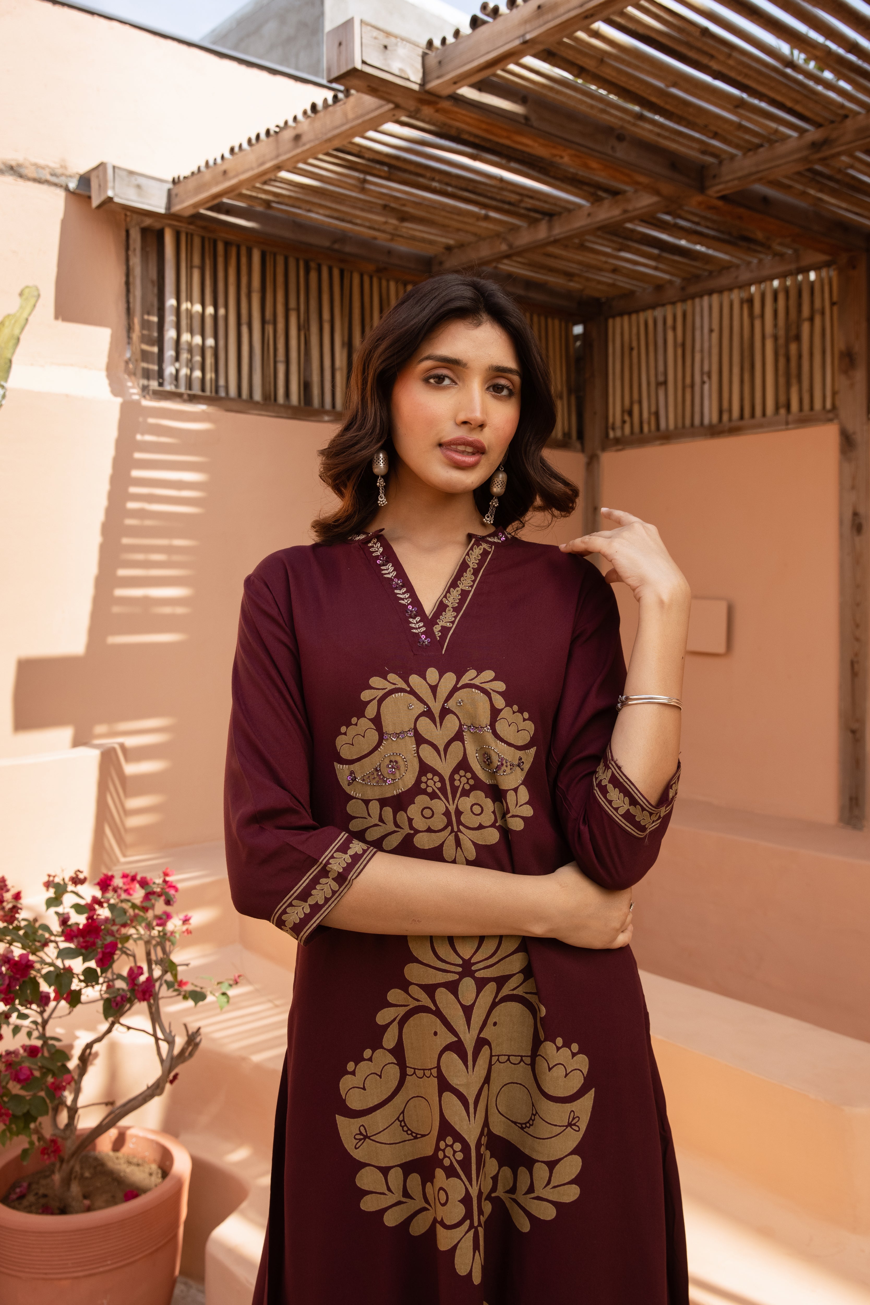 Women's Wine German Rayon Kurta and Palazzo Set