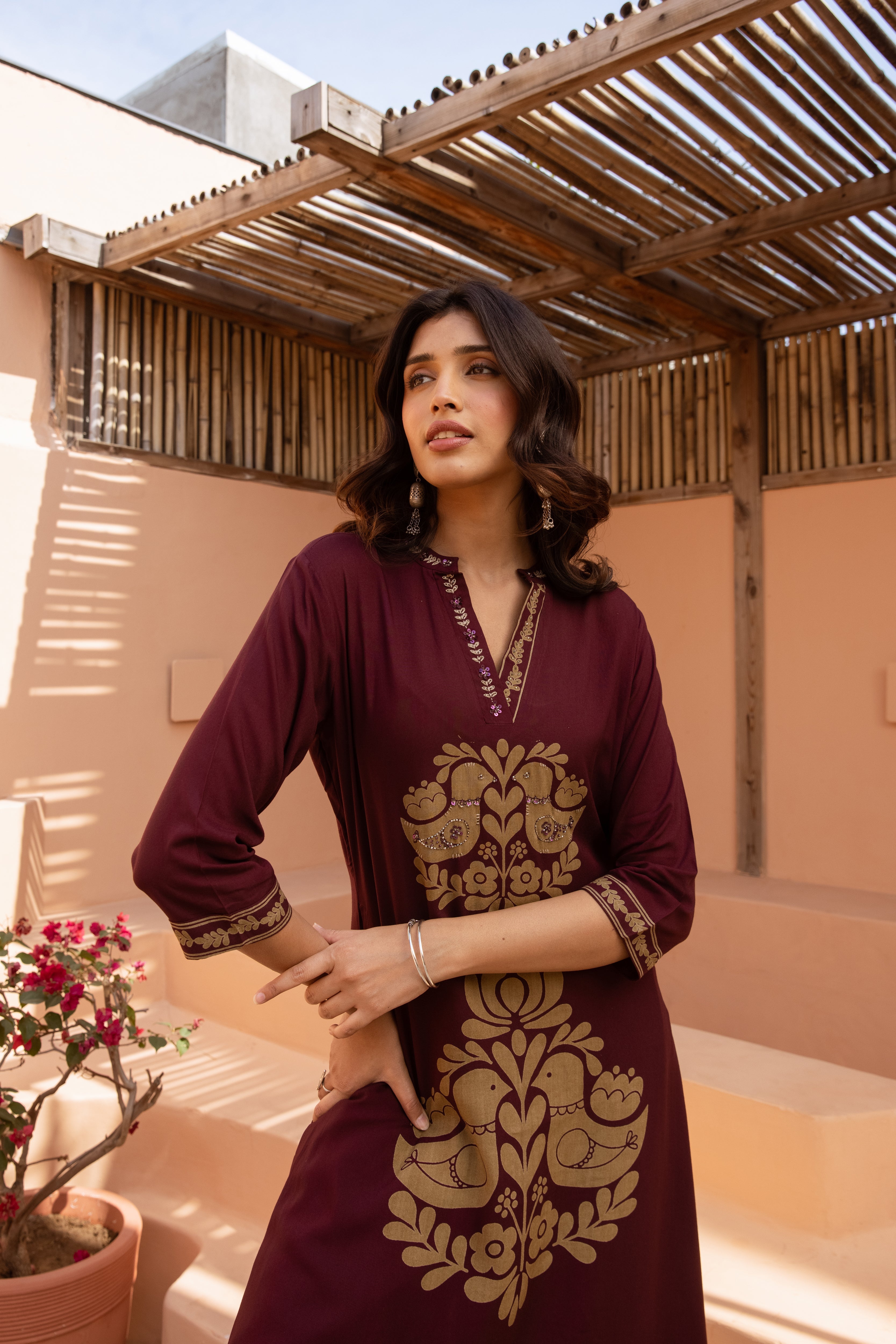 Women's Wine German Rayon Kurta and Palazzo Set