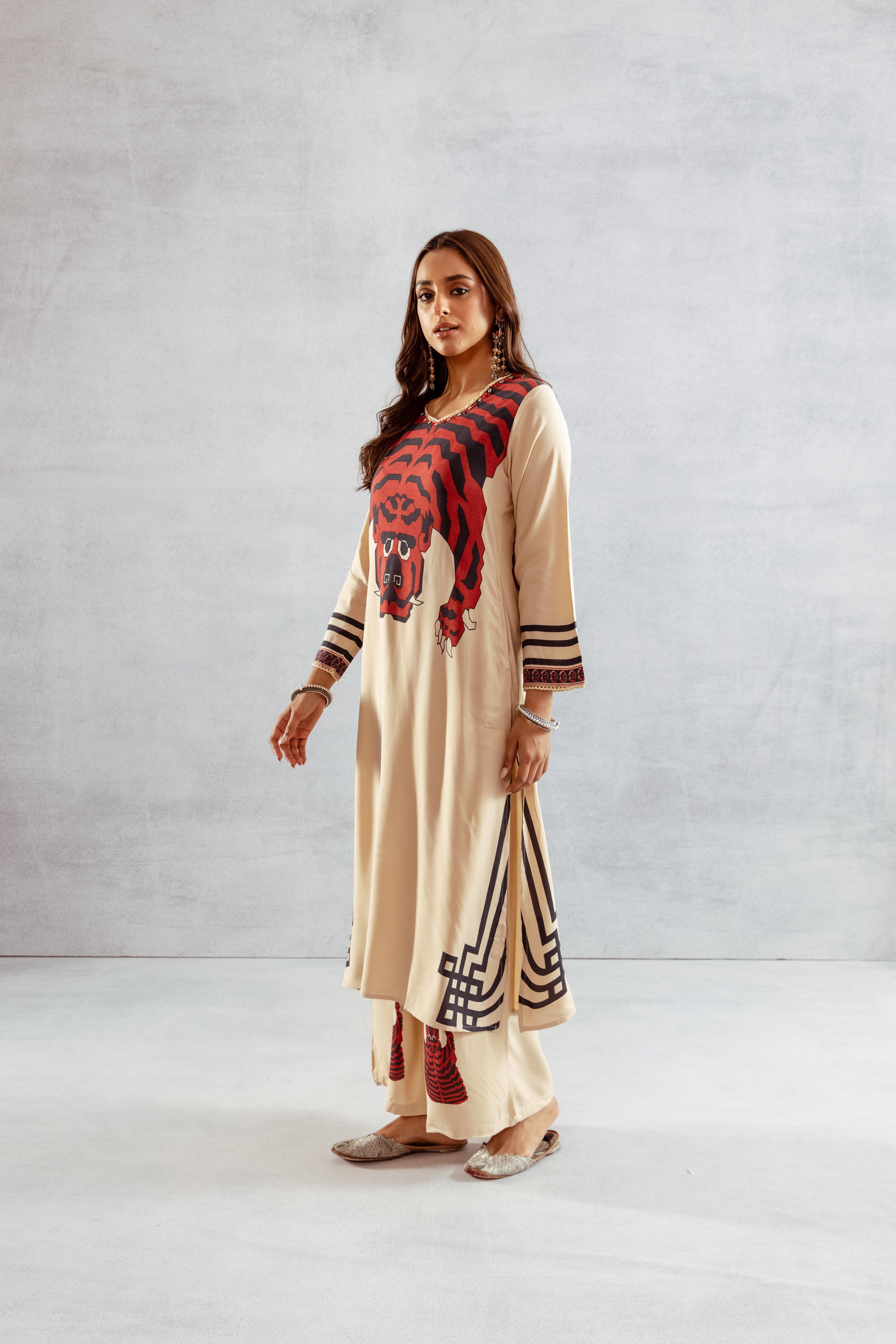 Women's Beige::Red German Rayon Kurta and Palazzo Set