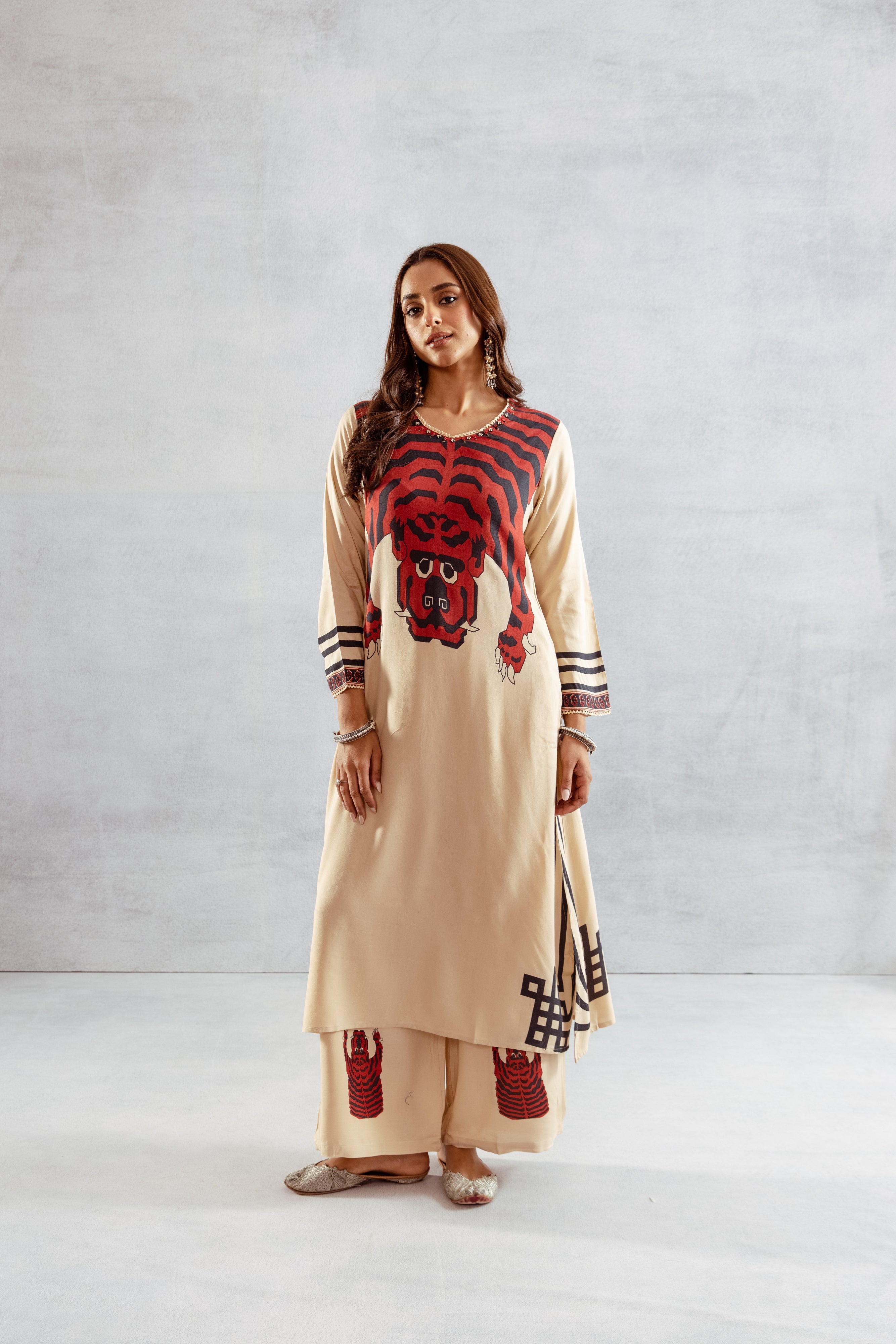 Women's Beige::Red German Rayon Kurta and Palazzo Set