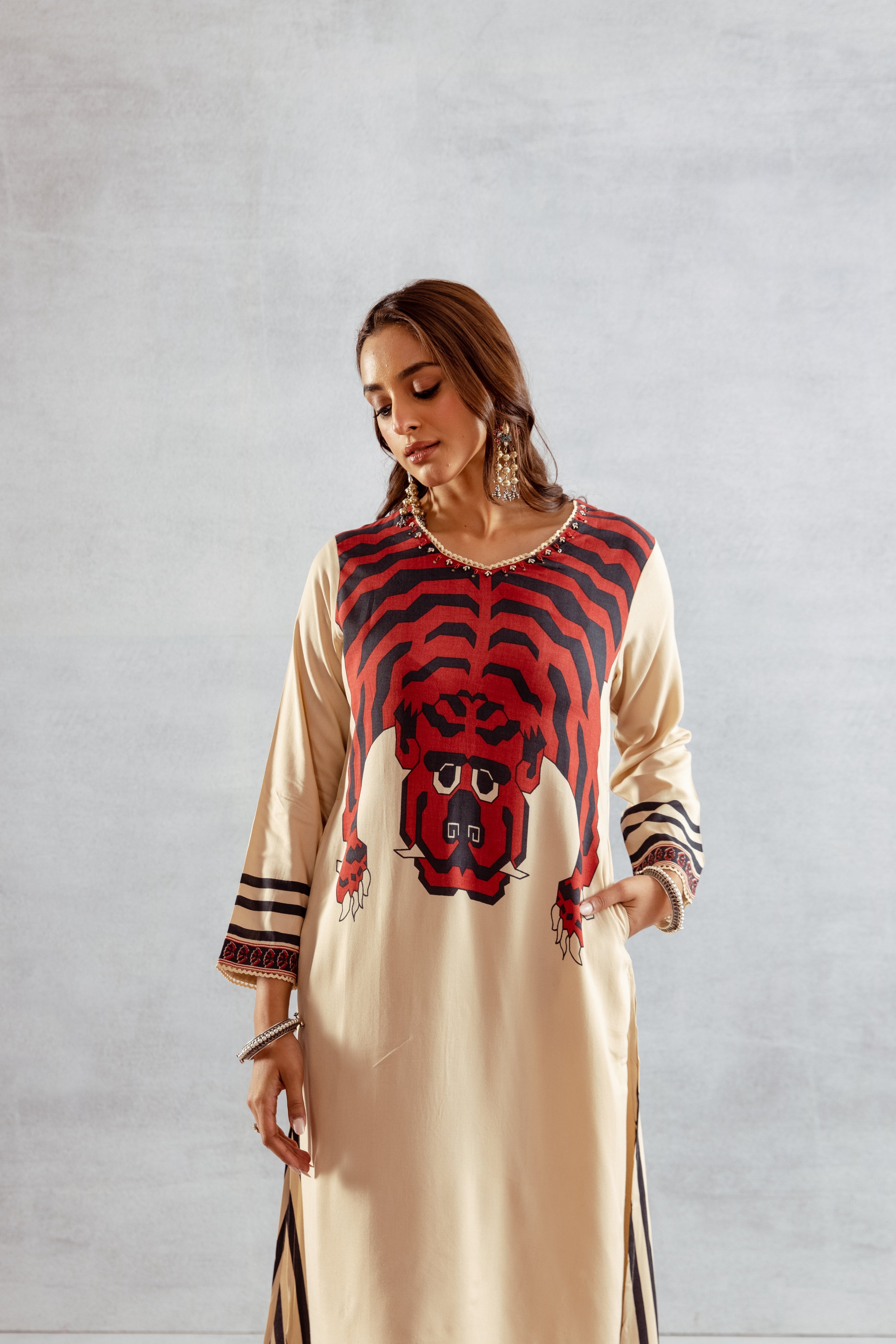 Women's Beige::Red German Rayon Kurta and Palazzo Set