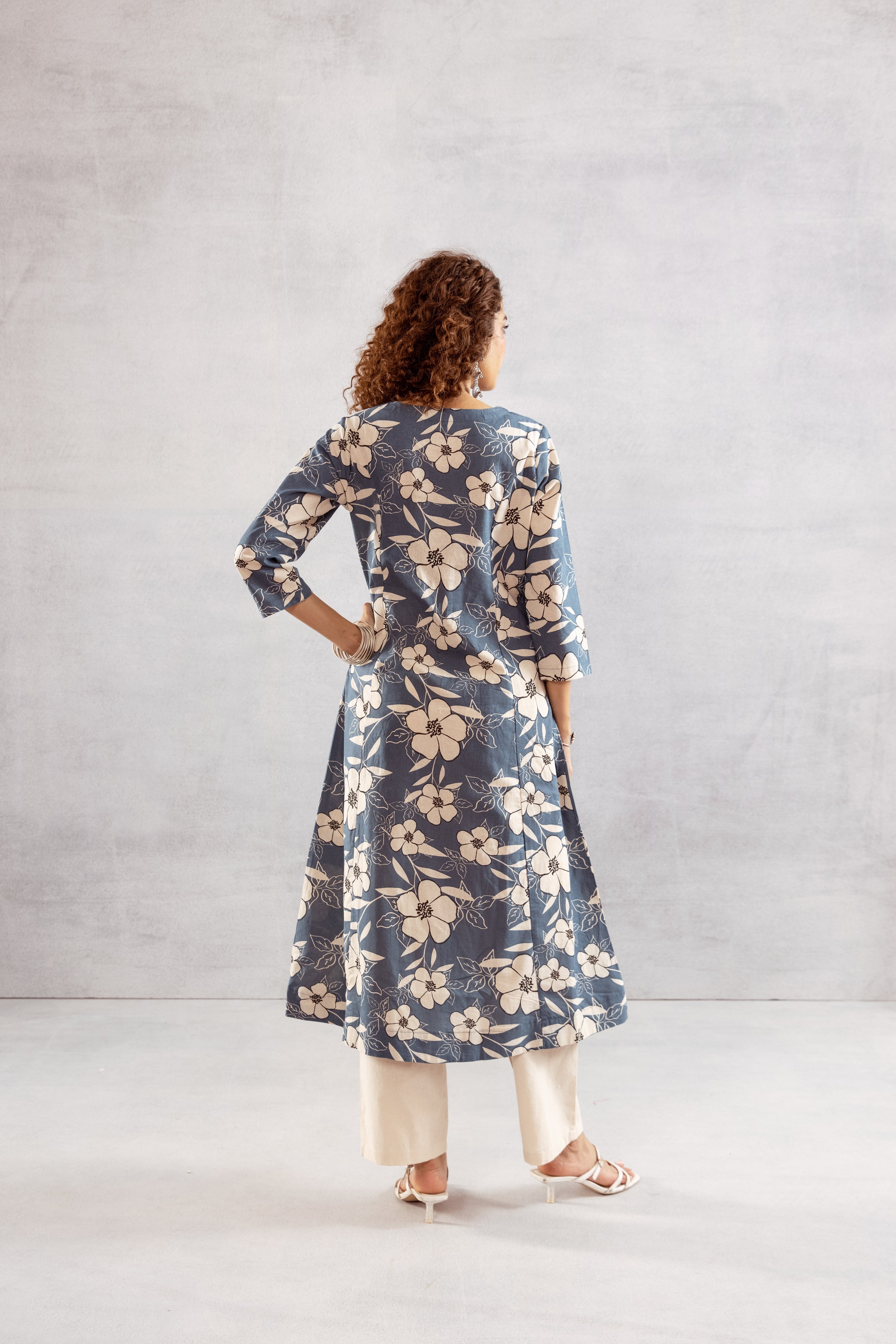Women's Denim Blue Cotton Flex Kurta and Pant Set
