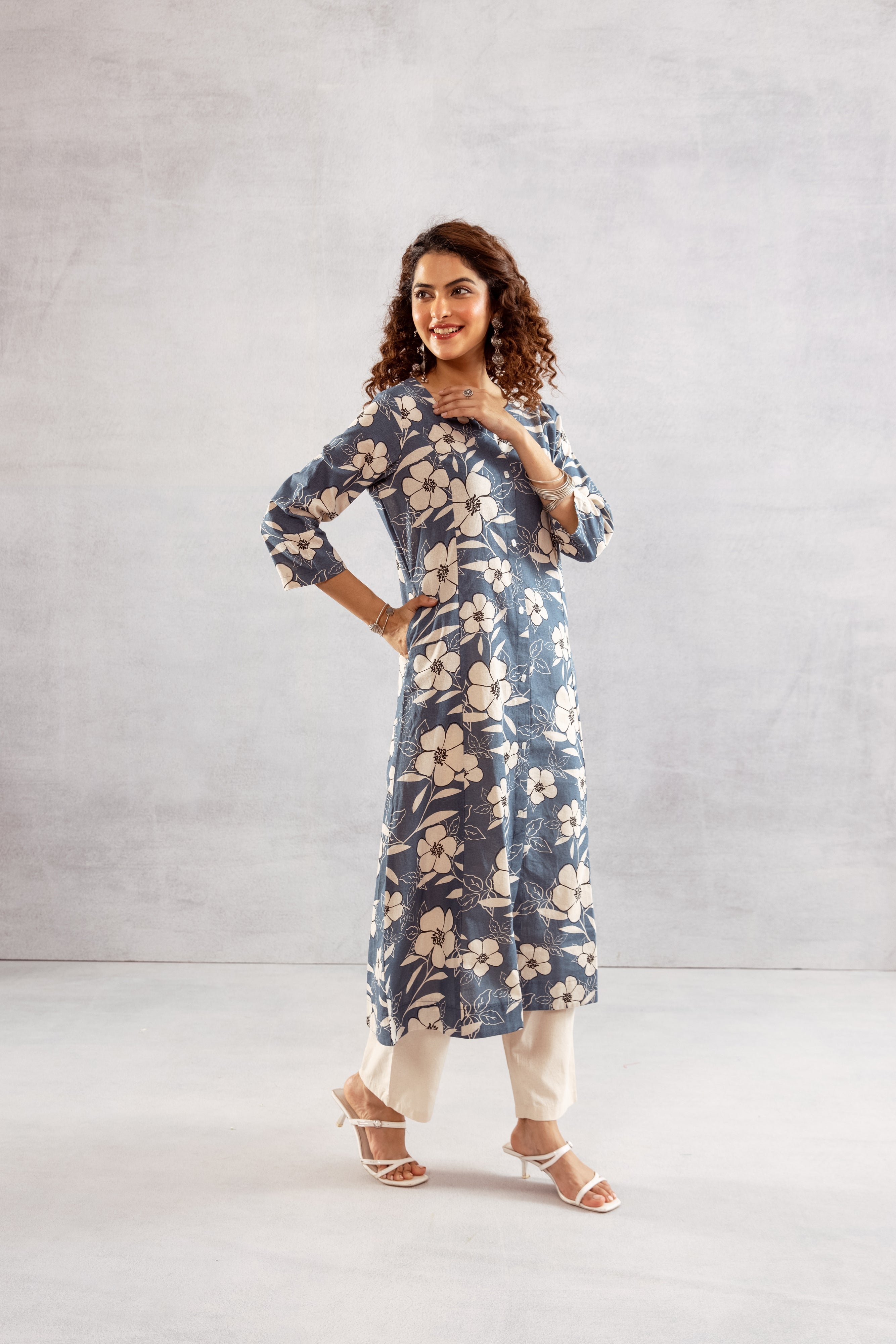 Women's Denim Blue Cotton Flex Kurta and Pant Set