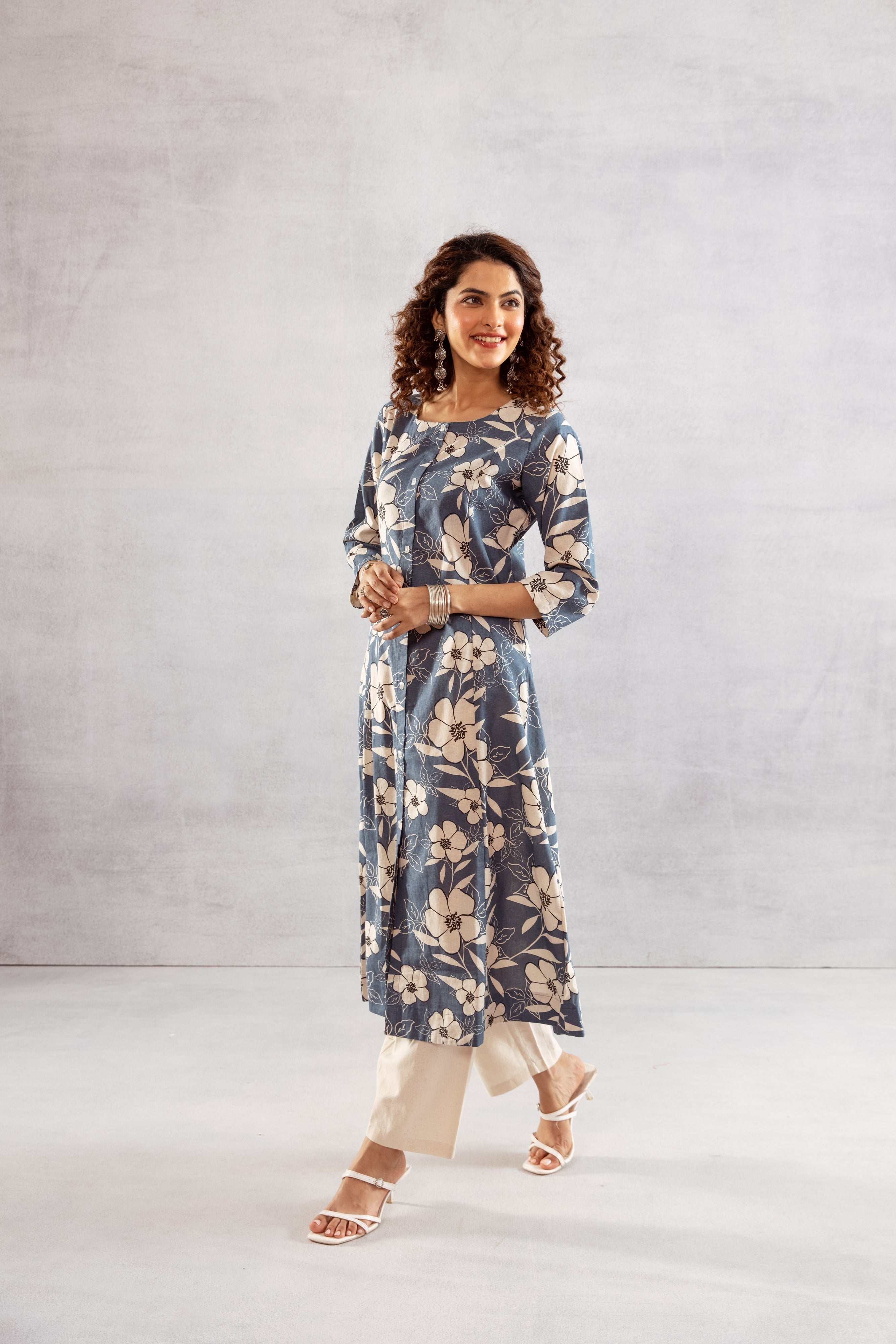 Women's Denim Blue Cotton Flex Kurta and Pant Set