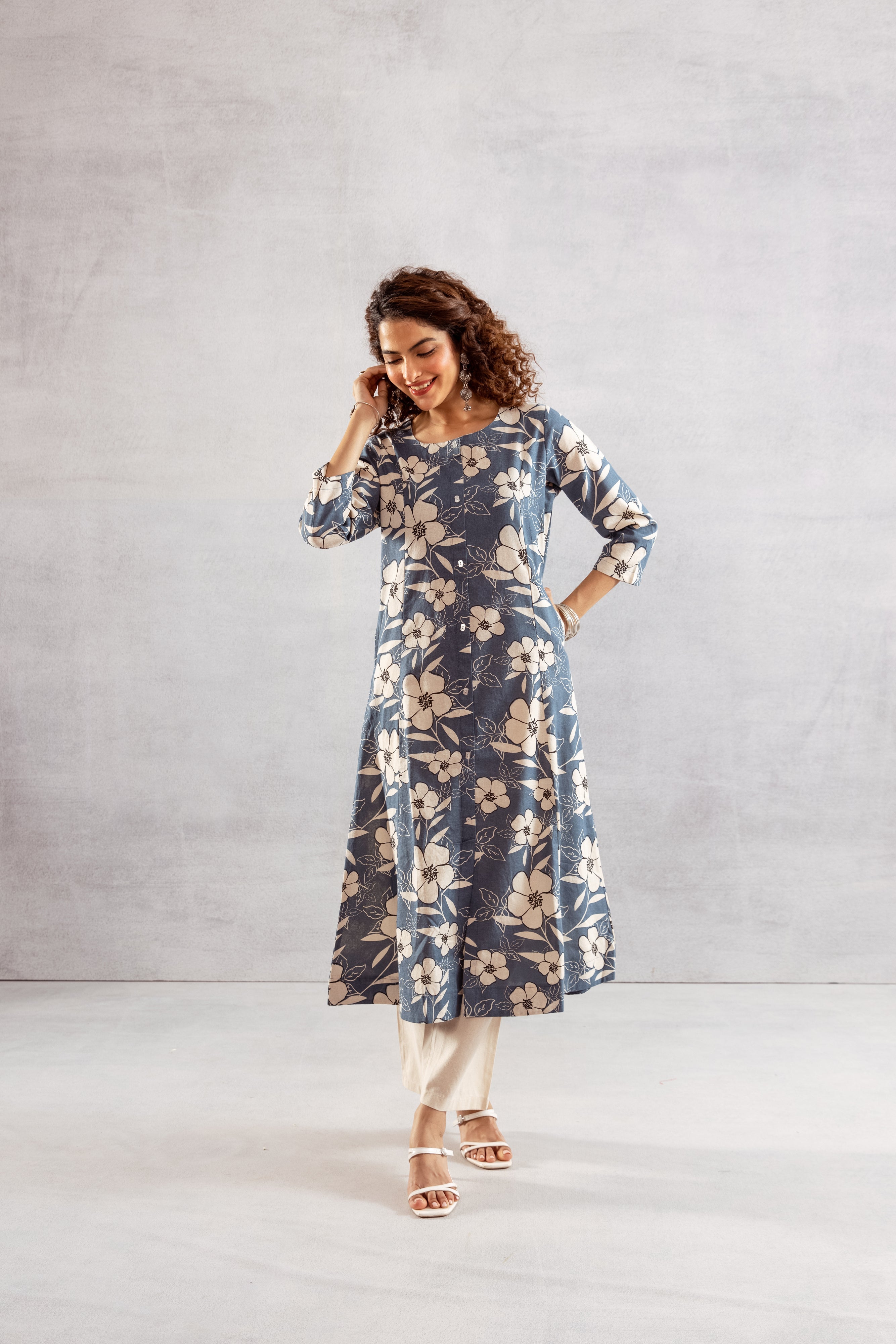 Women's Denim Blue Cotton Flex Kurta and Pant Set
