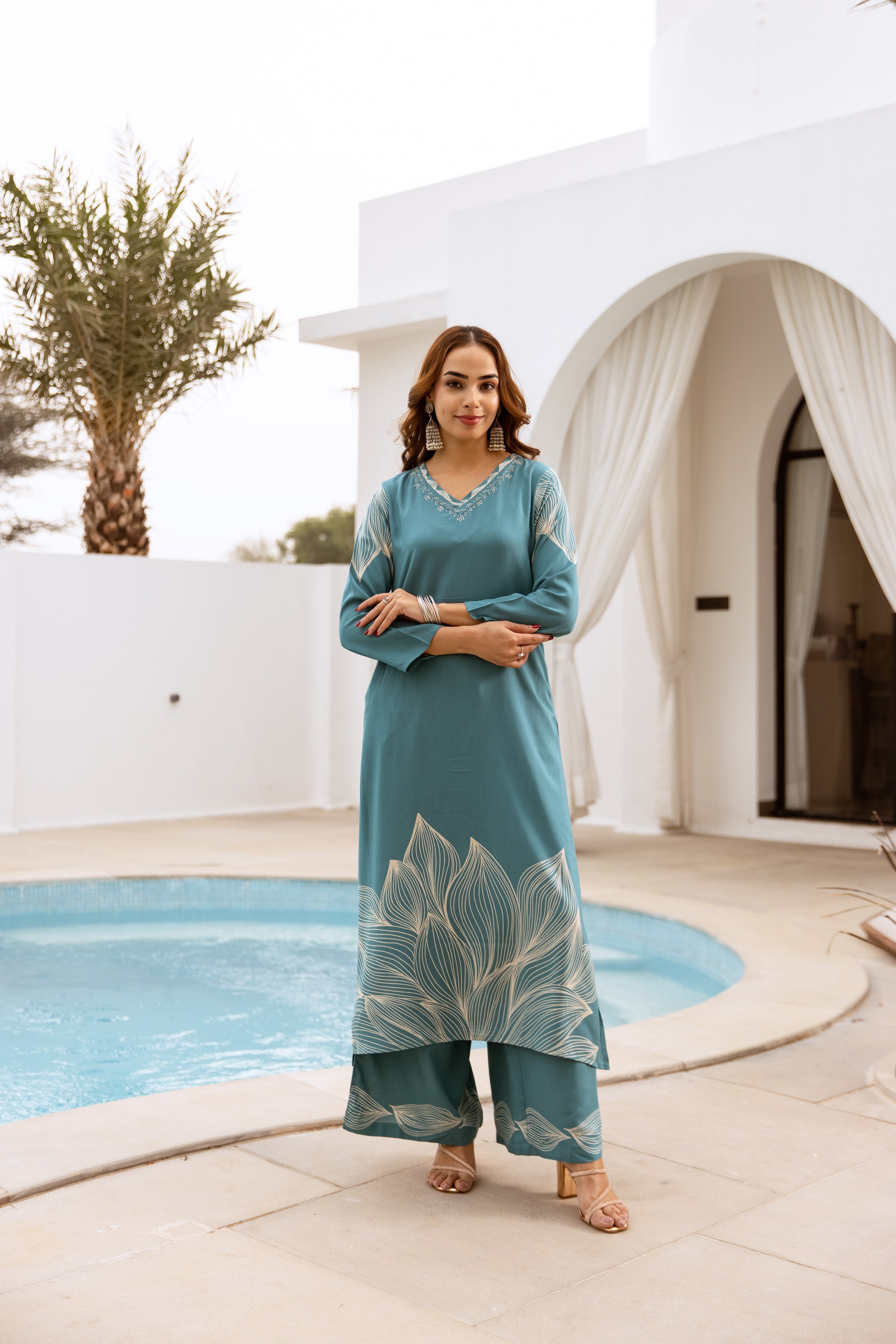 Women's Teal Blue German Rayon Kurta and Palazzo Set