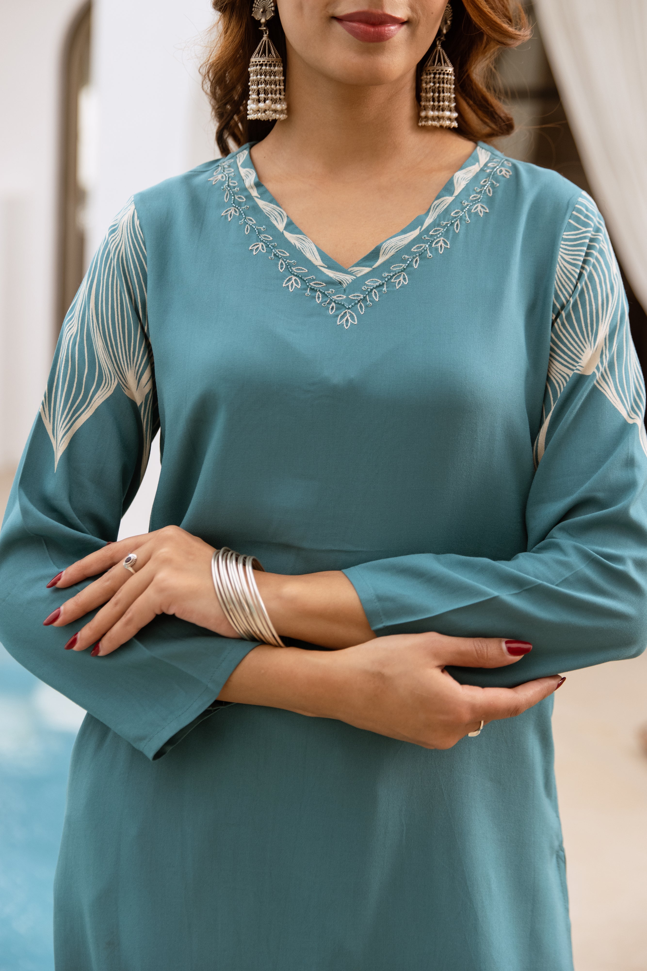 Women's Teal Blue German Rayon Kurta and Palazzo Set