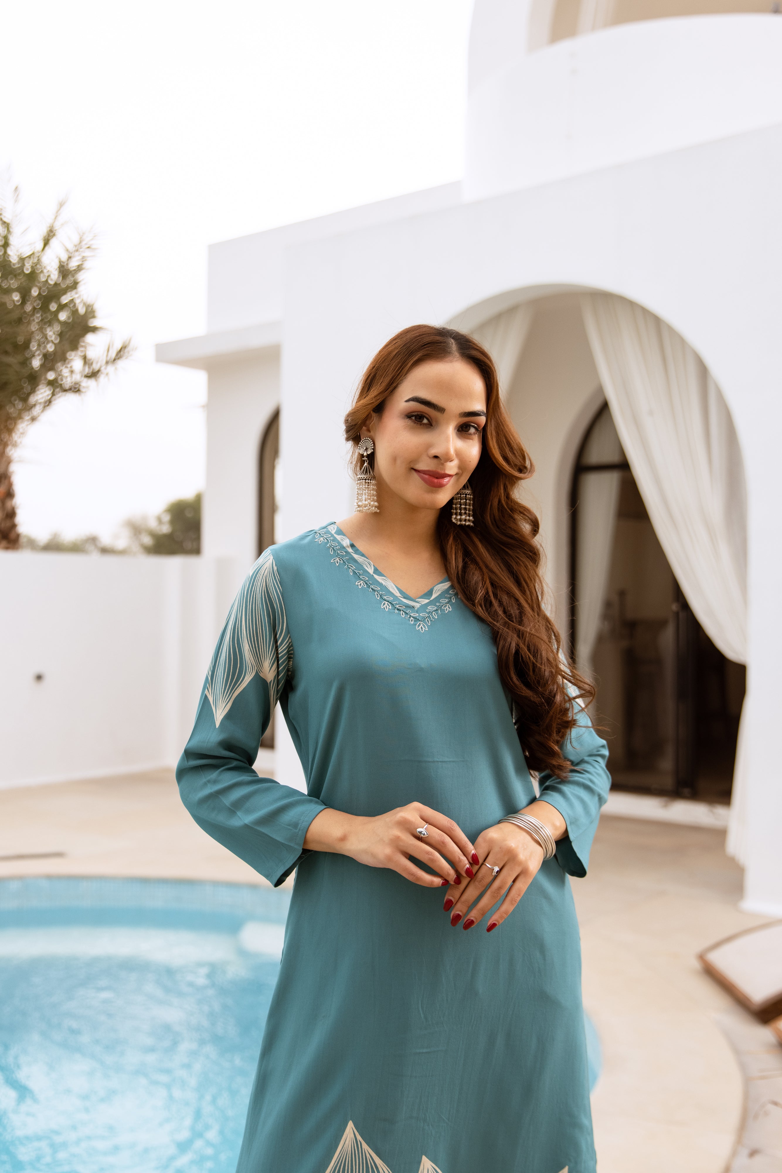 Women's Teal Blue German Rayon Kurta and Palazzo Set