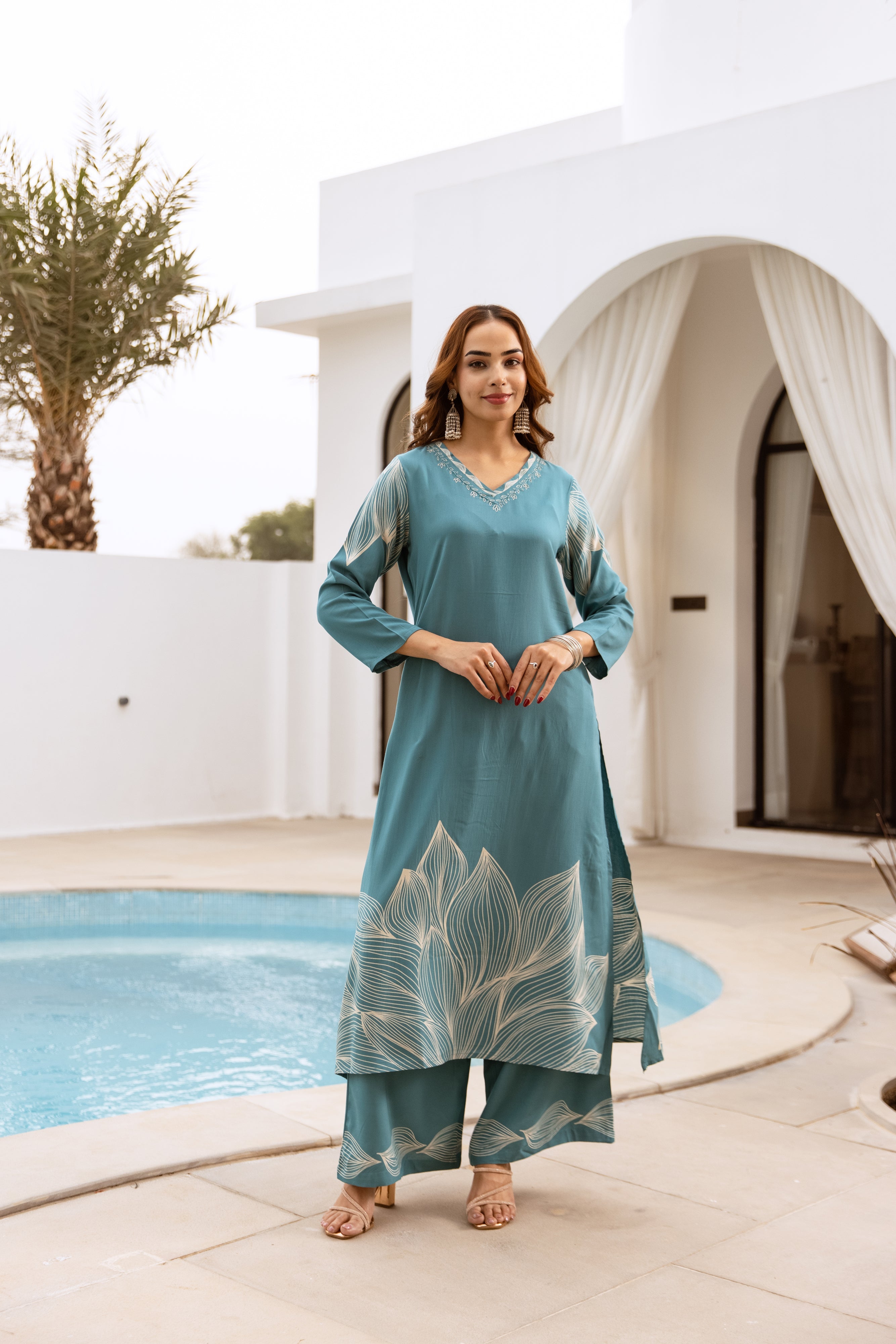Women's Teal Blue German Rayon Kurta and Palazzo Set