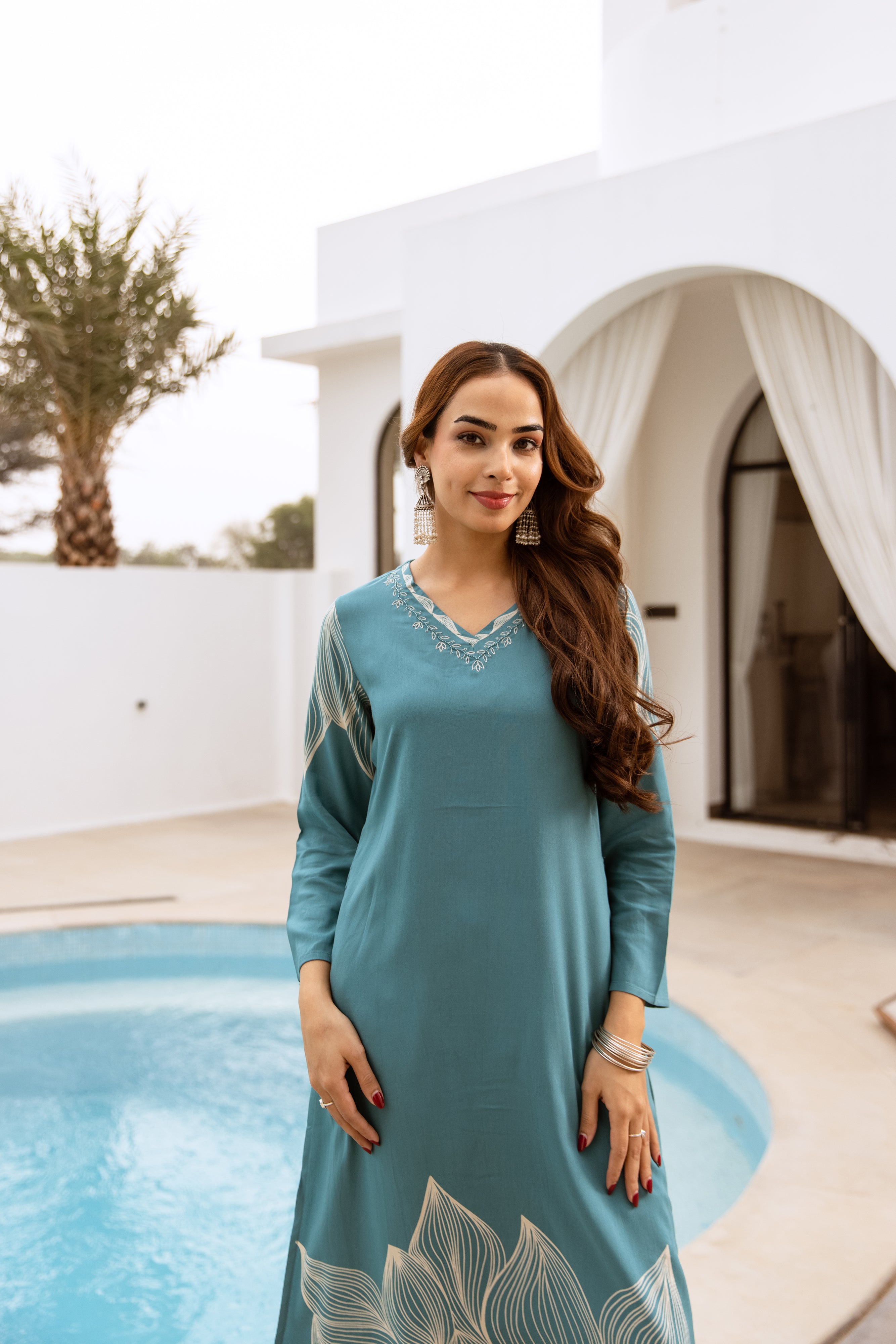 Women's Teal Blue German Rayon Kurta and Palazzo Set