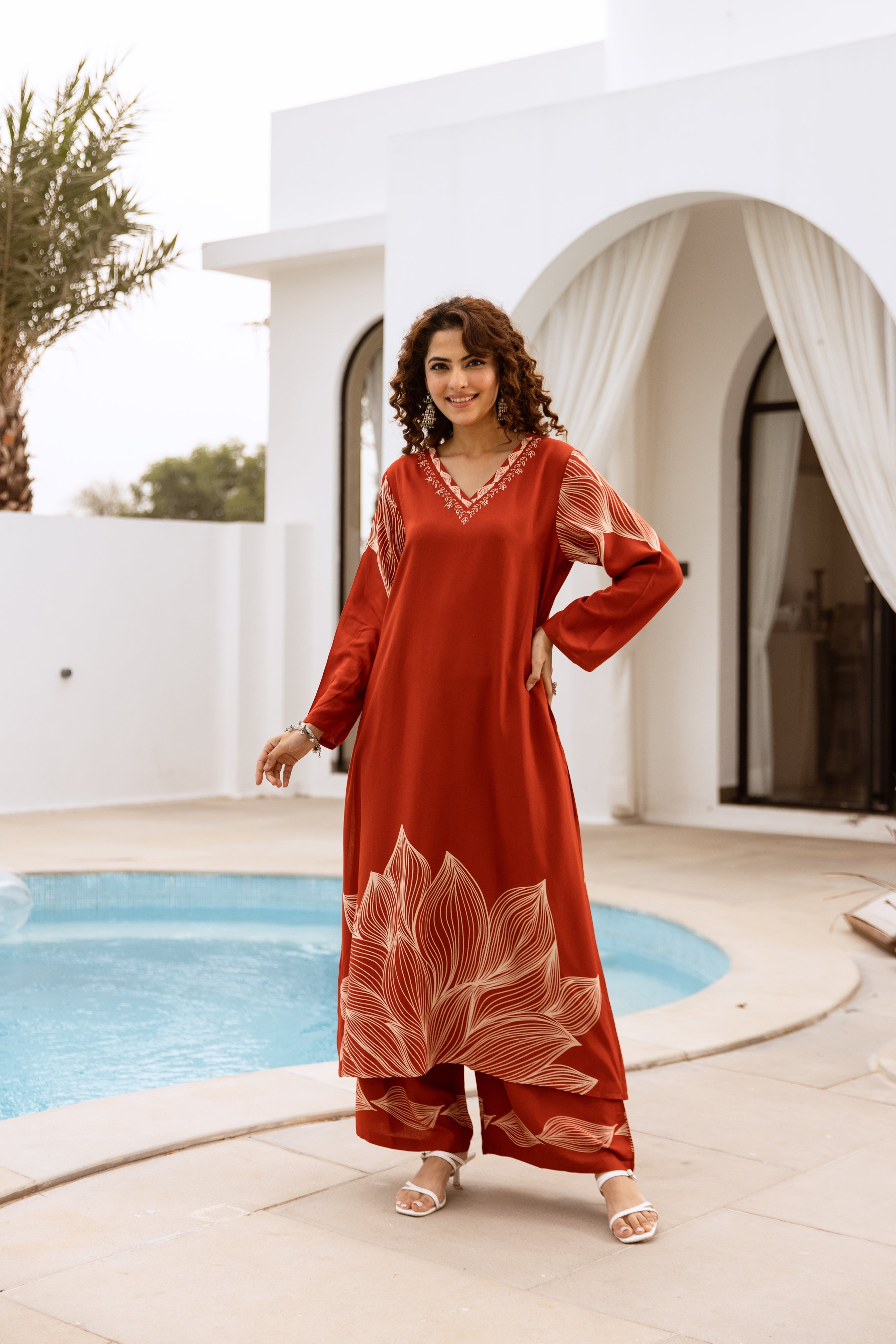 Women's Rust German Rayon Kurta and Palazzo Set