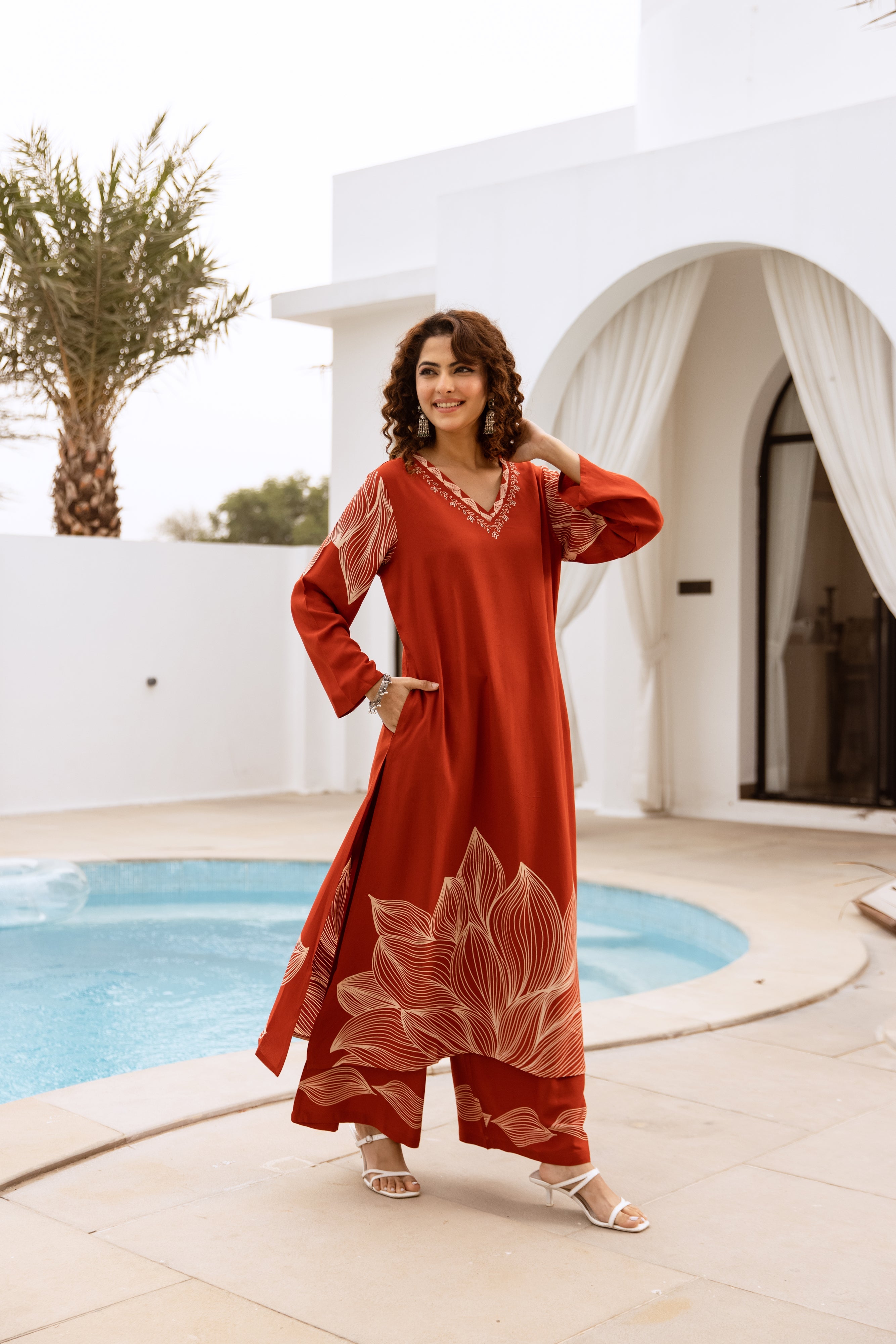 Women's Rust German Rayon Kurta and Palazzo Set
