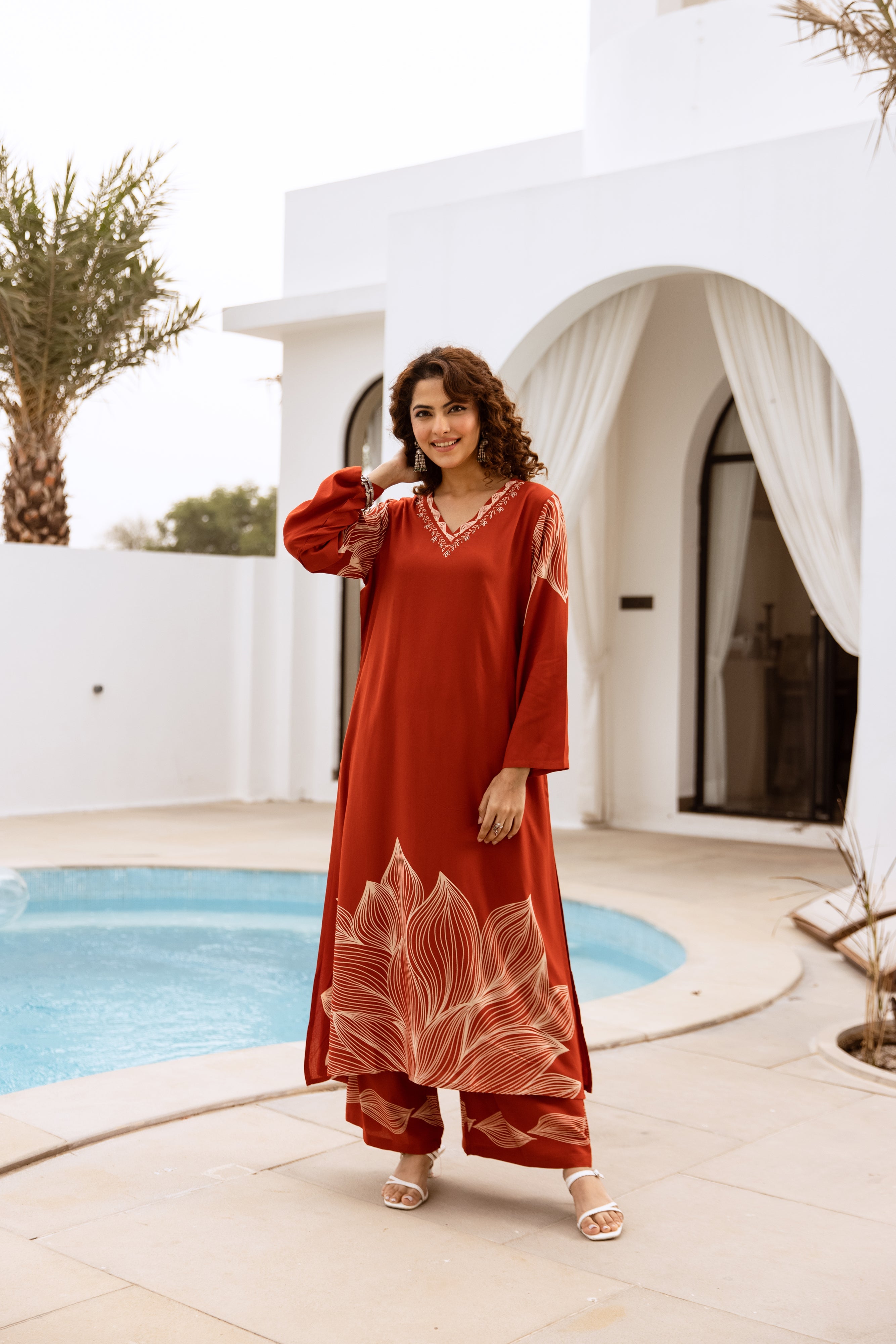 Women's Rust German Rayon Kurta and Palazzo Set