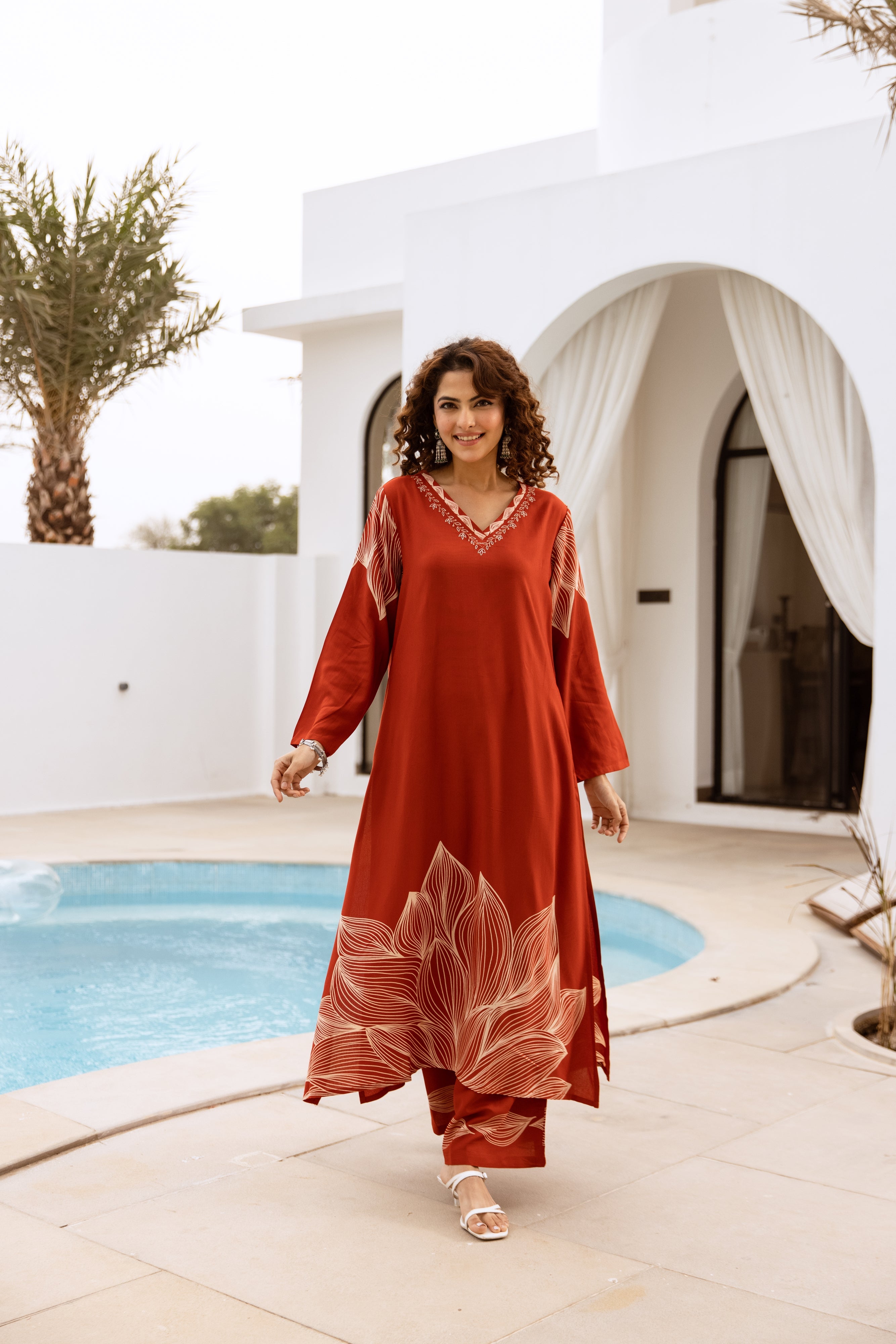 Women's Rust German Rayon Kurta and Palazzo Set