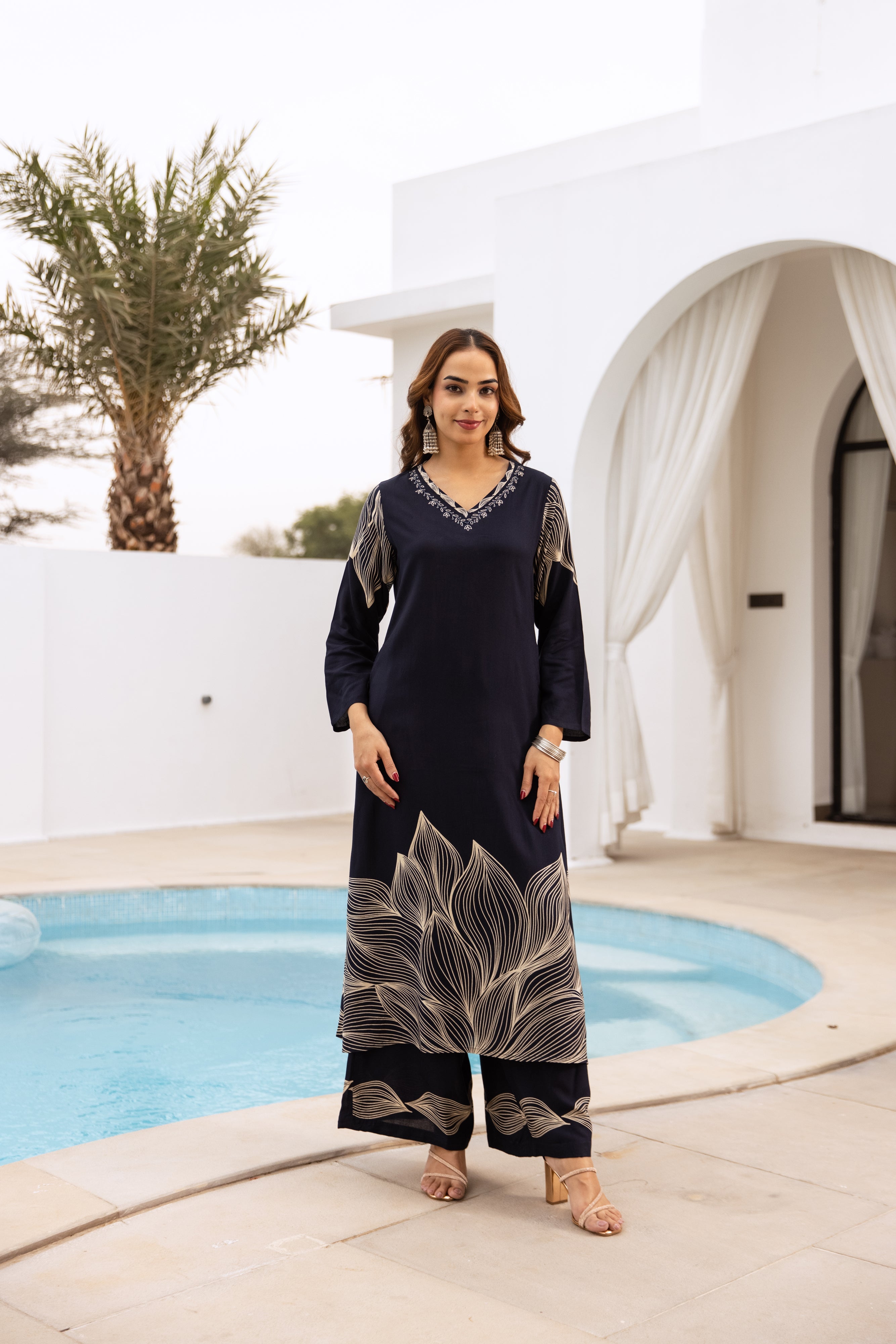 Women's Navy Blue German Rayon Kurta and Palazzo Set