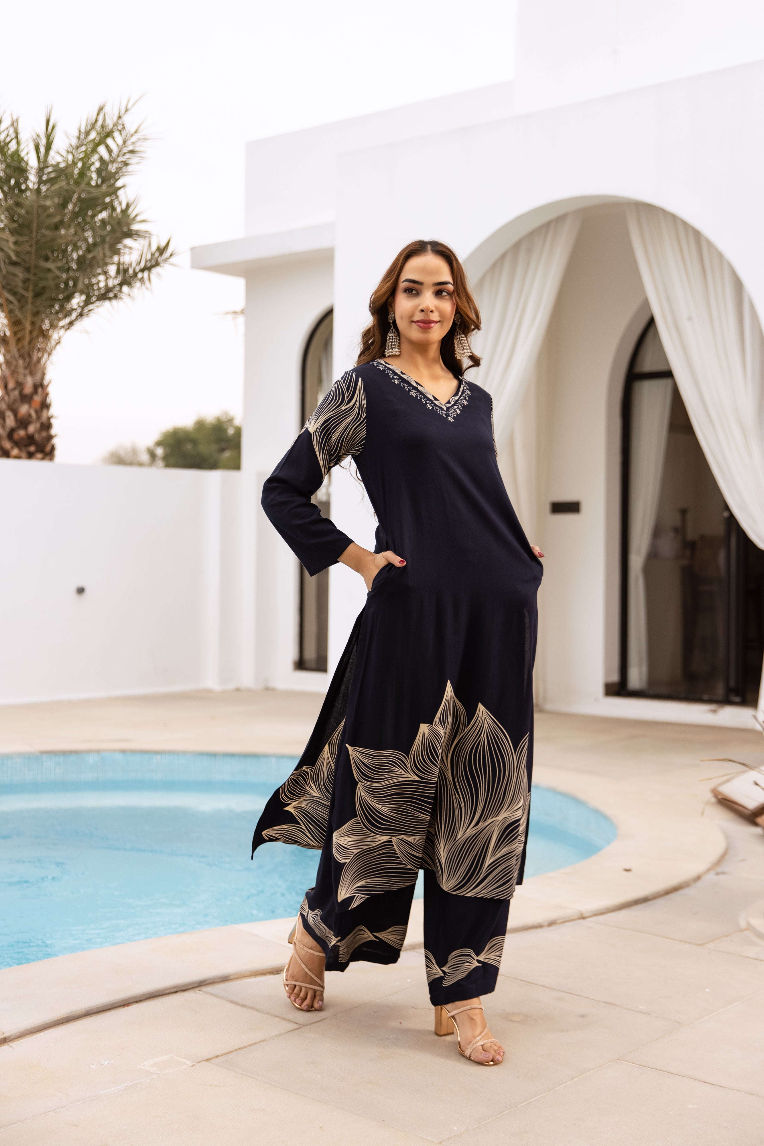 Women's Navy Blue German Rayon Kurta and Palazzo Set