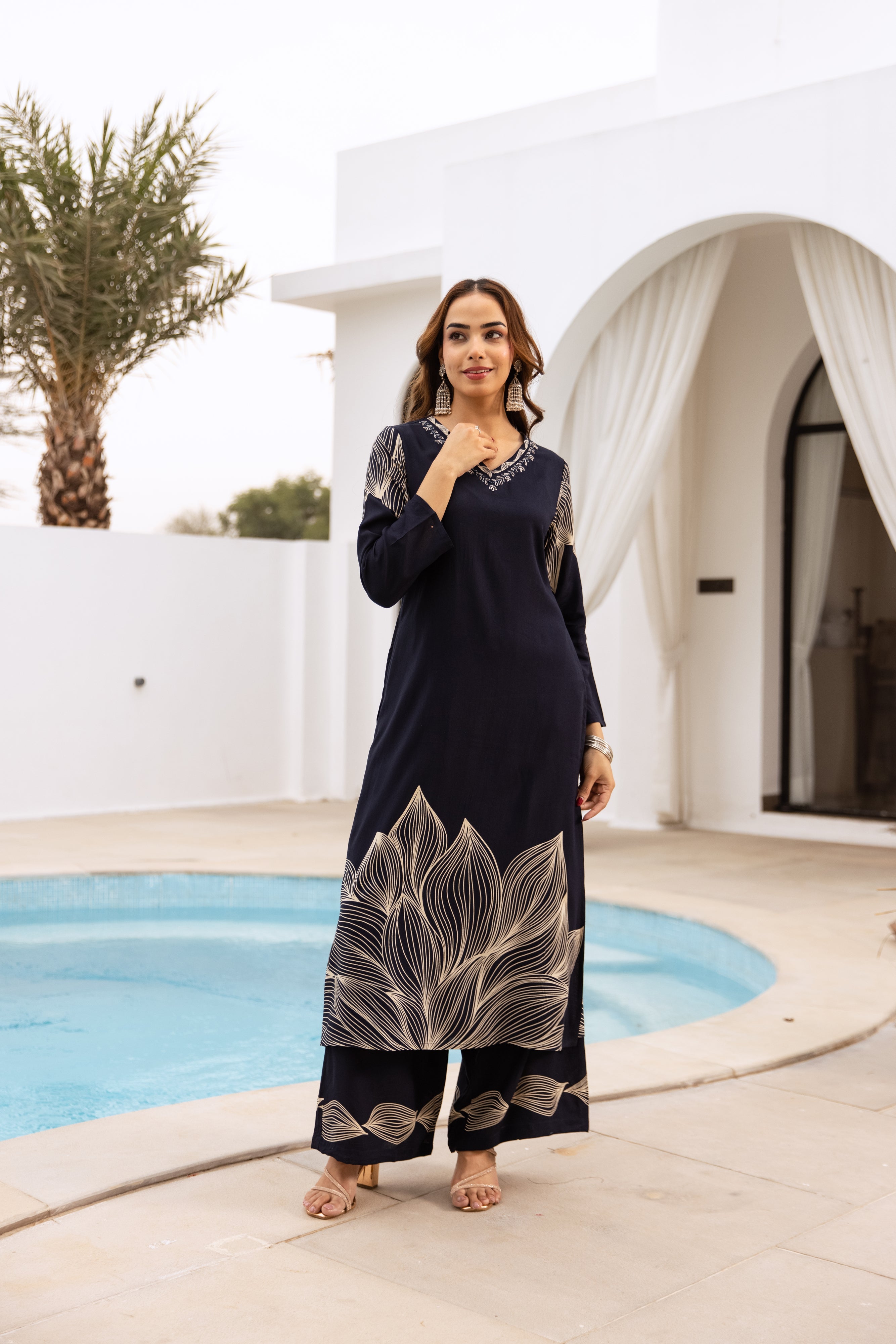Women's Navy Blue German Rayon Kurta and Palazzo Set