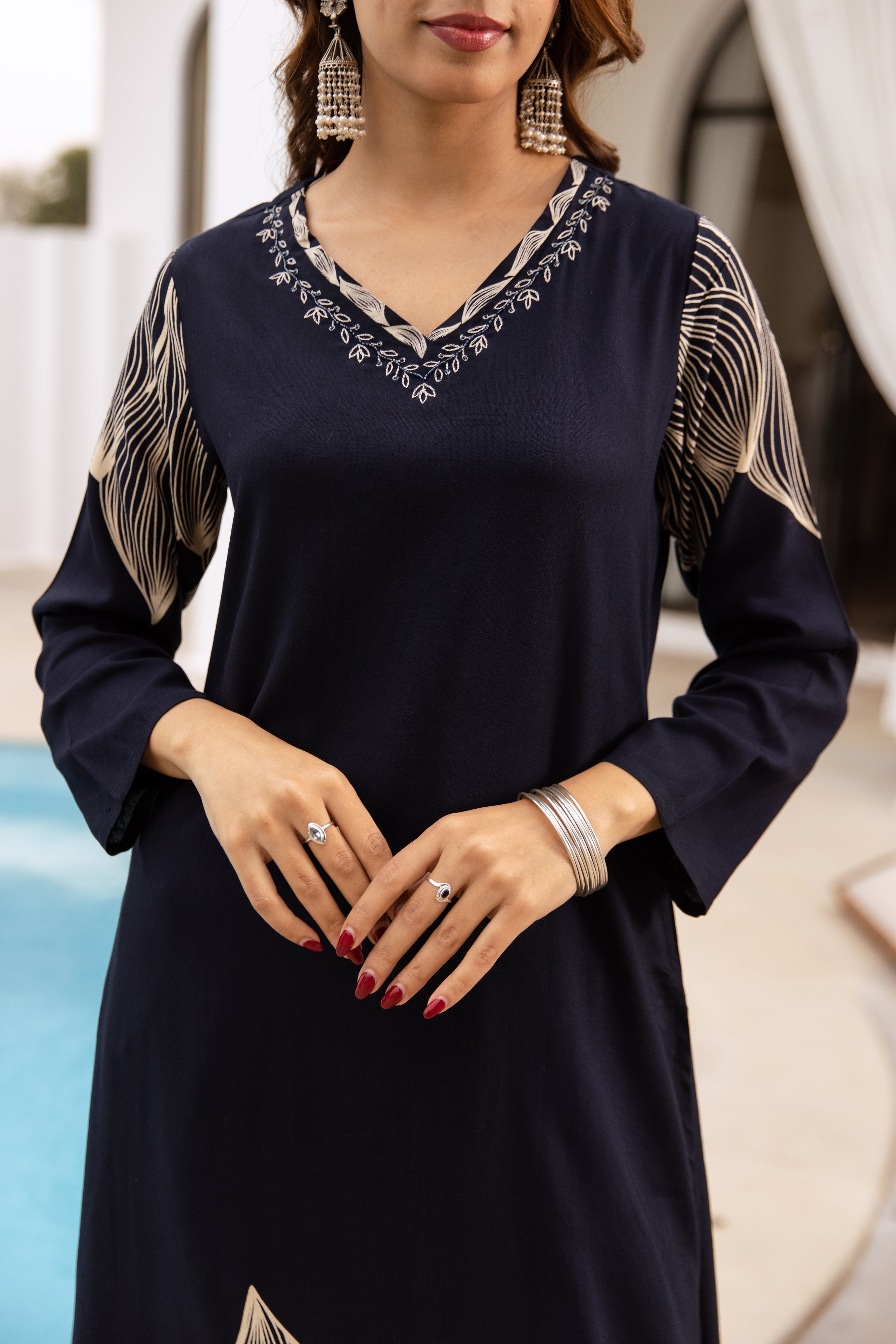 Women's Navy Blue German Rayon Kurta and Palazzo Set