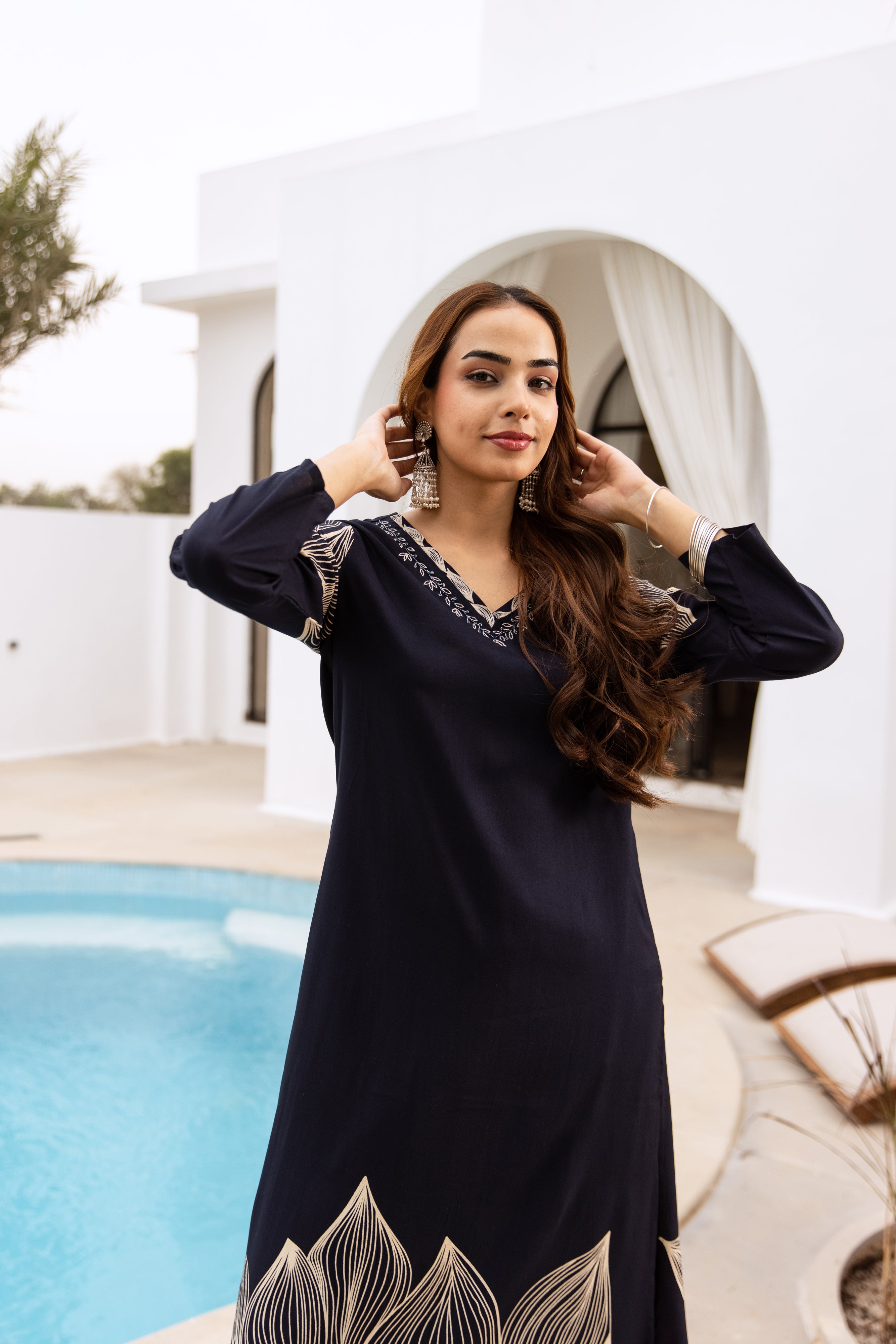 Women's Navy Blue German Rayon Kurta and Palazzo Set