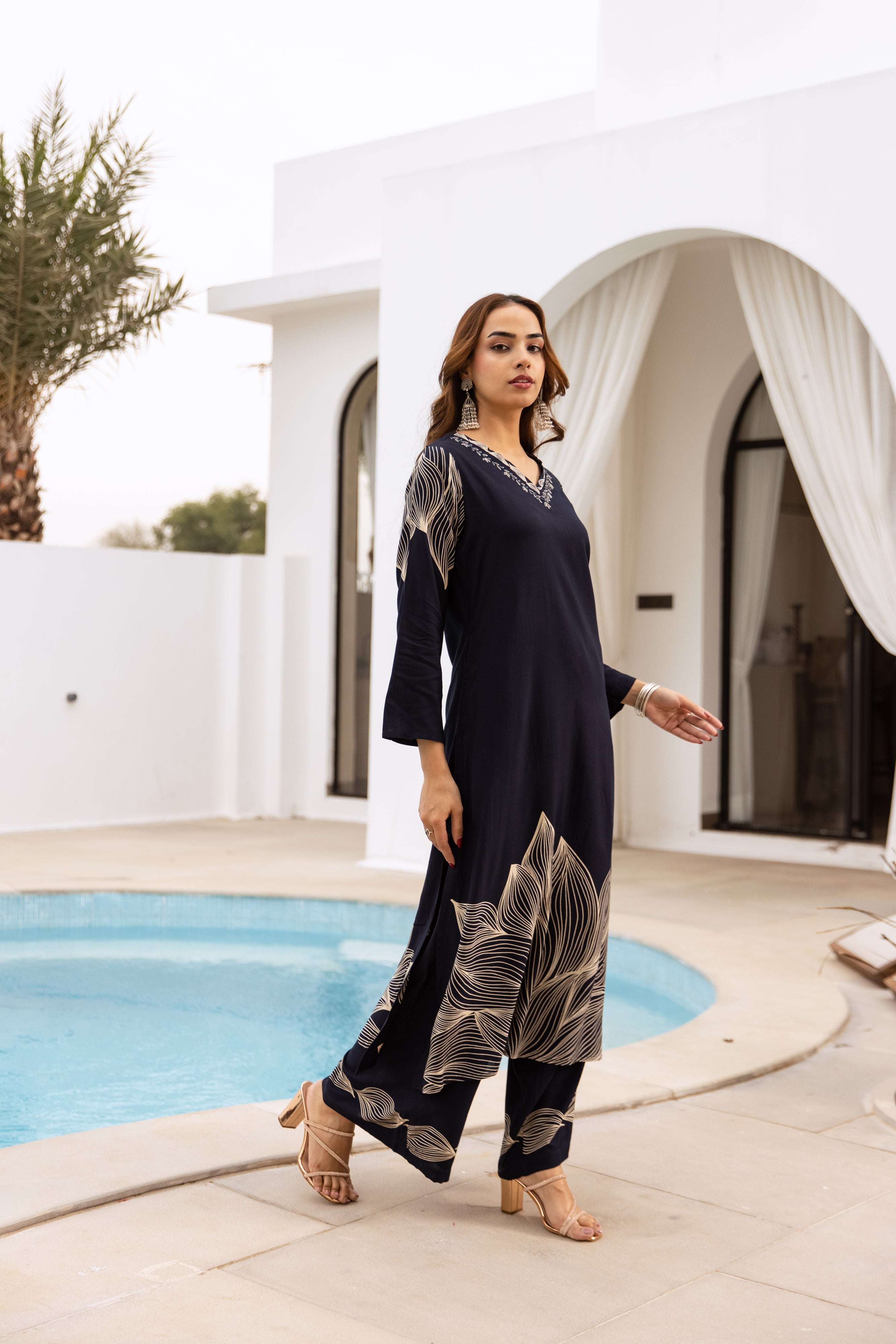 Women's Navy Blue German Rayon Kurta and Palazzo Set