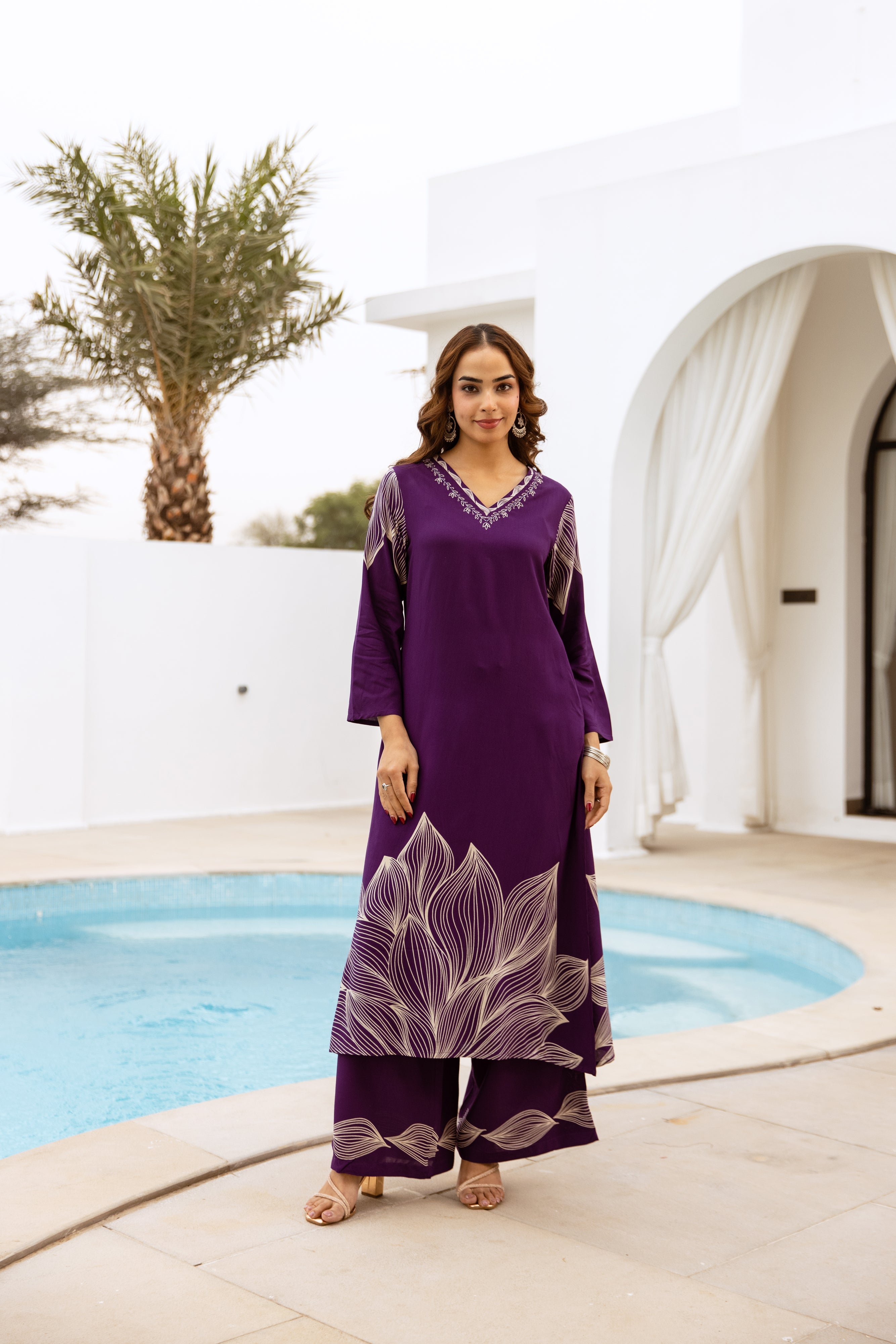 Women's Purple German Rayon Kurta and Palazzo Set