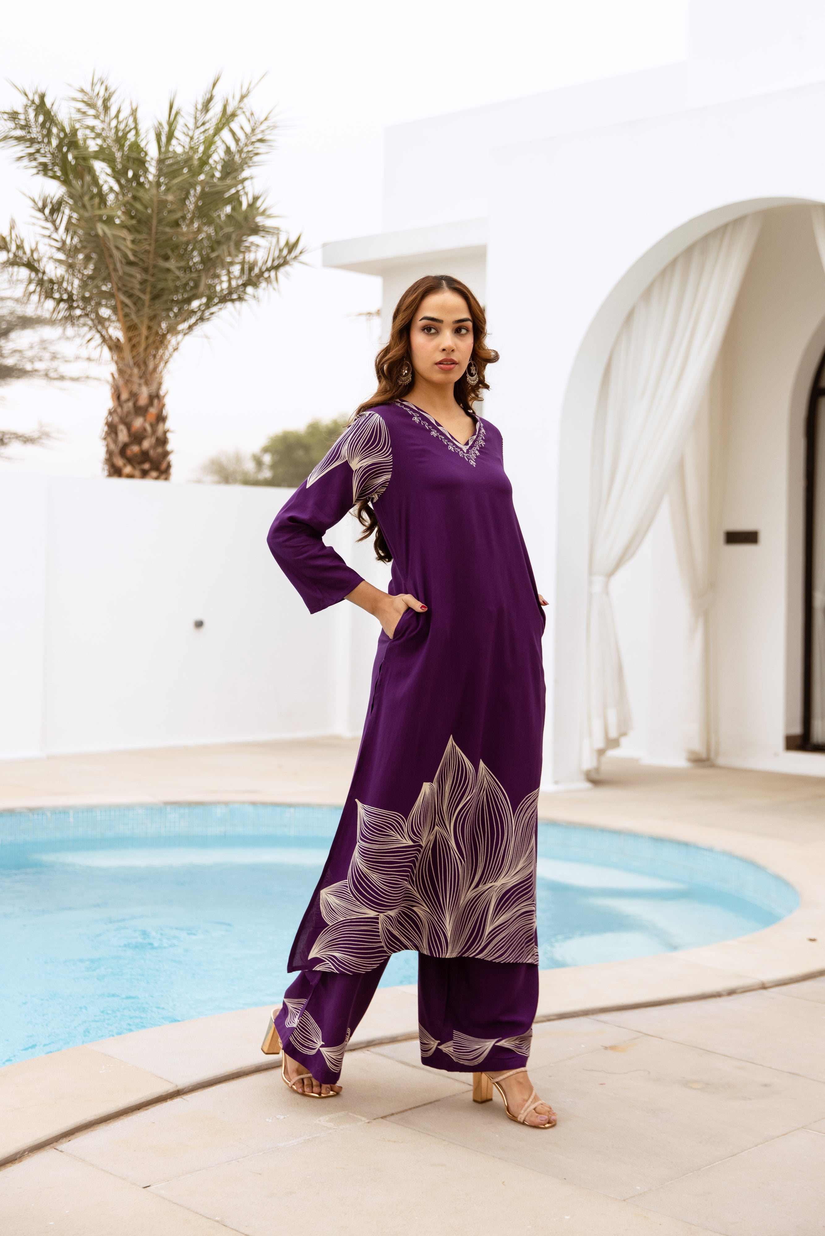 Women's Purple German Rayon Kurta and Palazzo Set