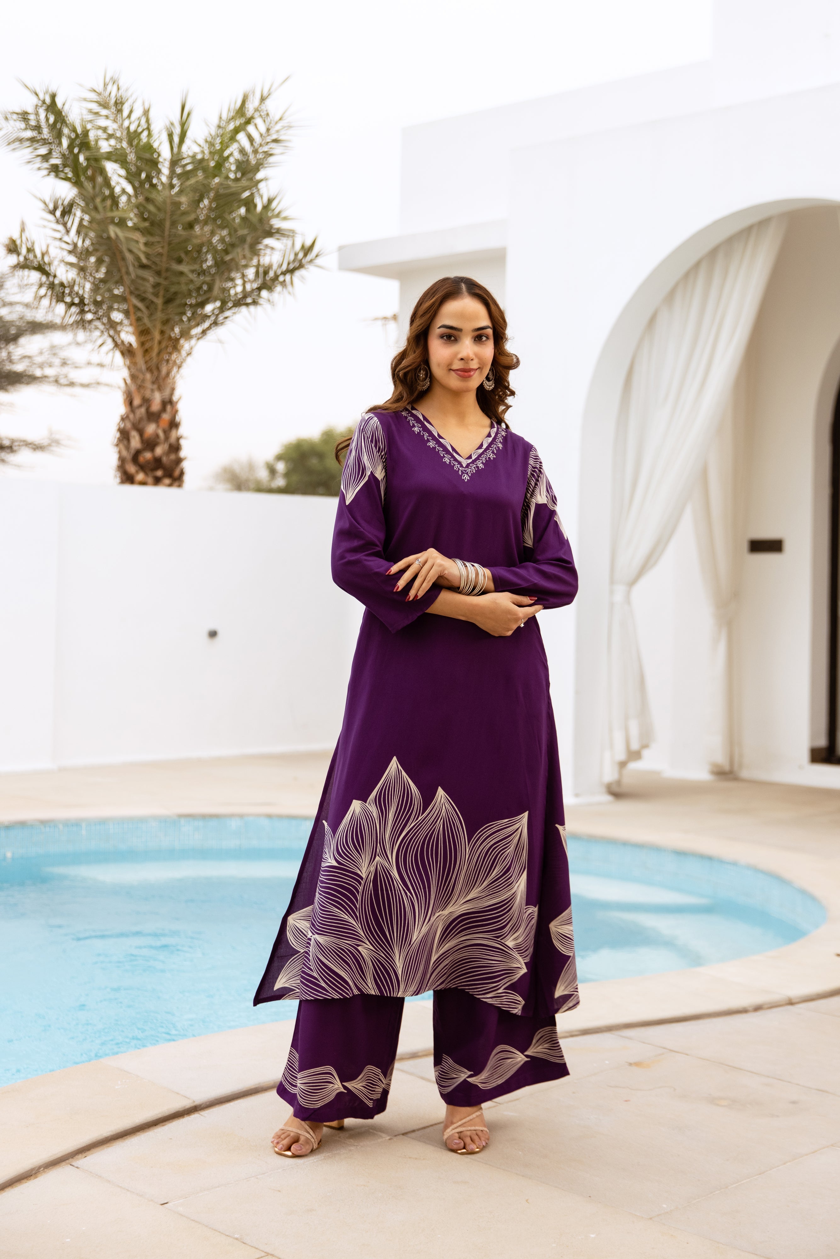 Women's Purple German Rayon Kurta and Palazzo Set
