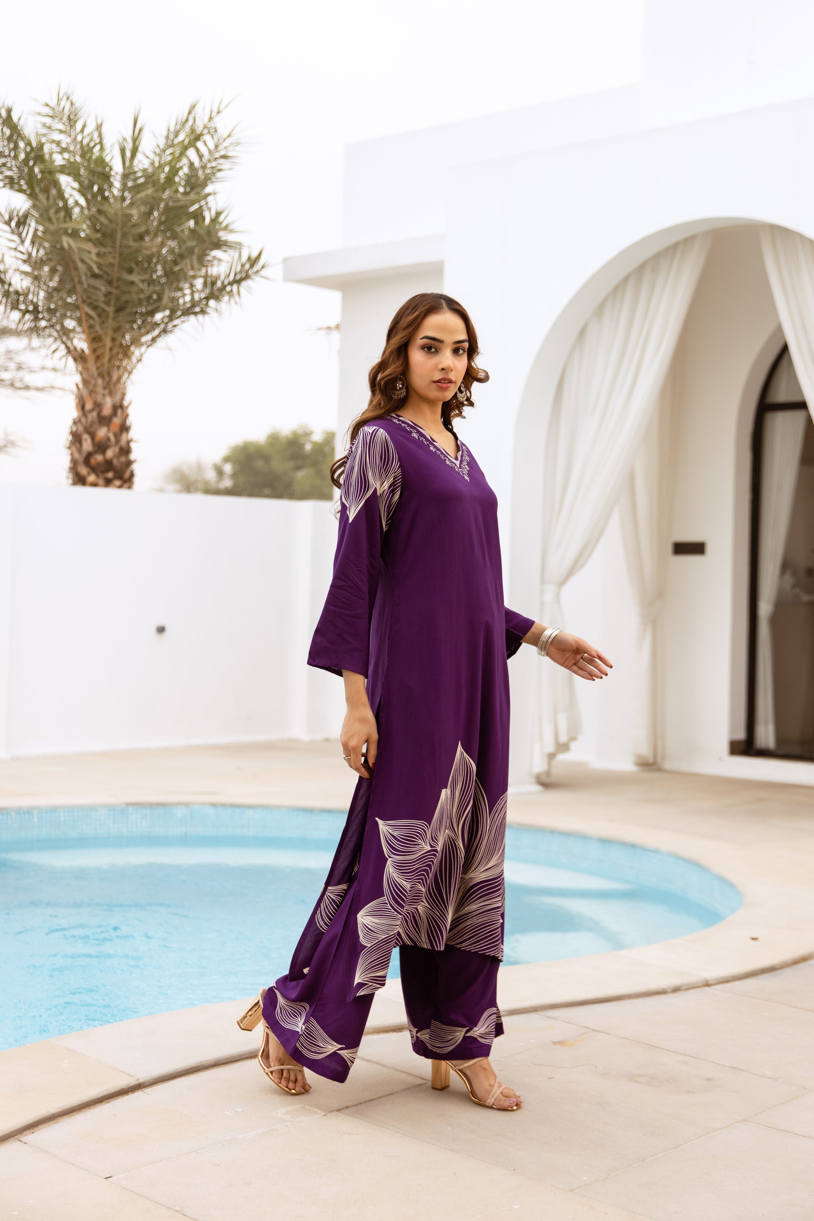 Women's Purple German Rayon Kurta and Palazzo Set