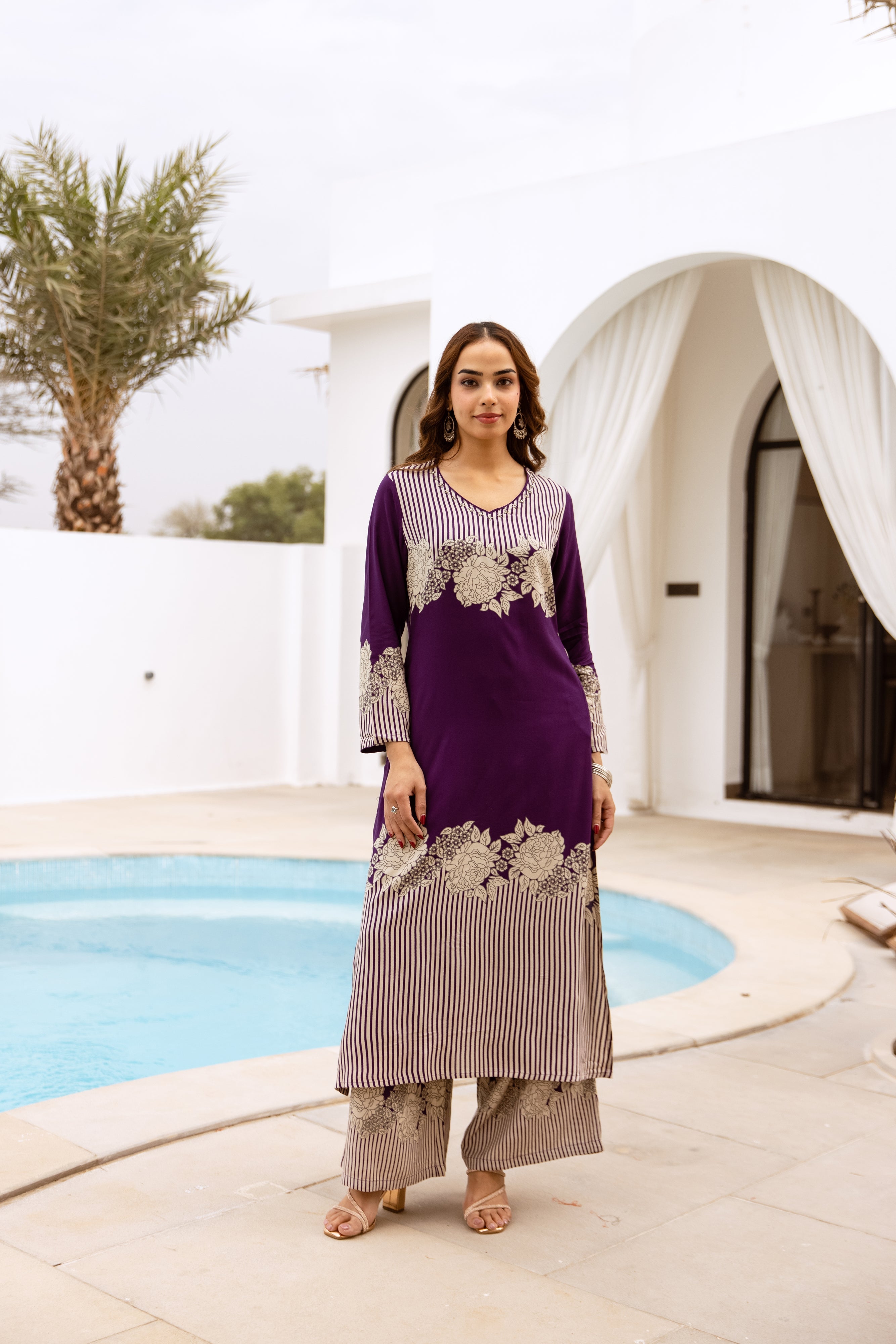 Women's Purple German Rayon Kurta and Palazzo Set