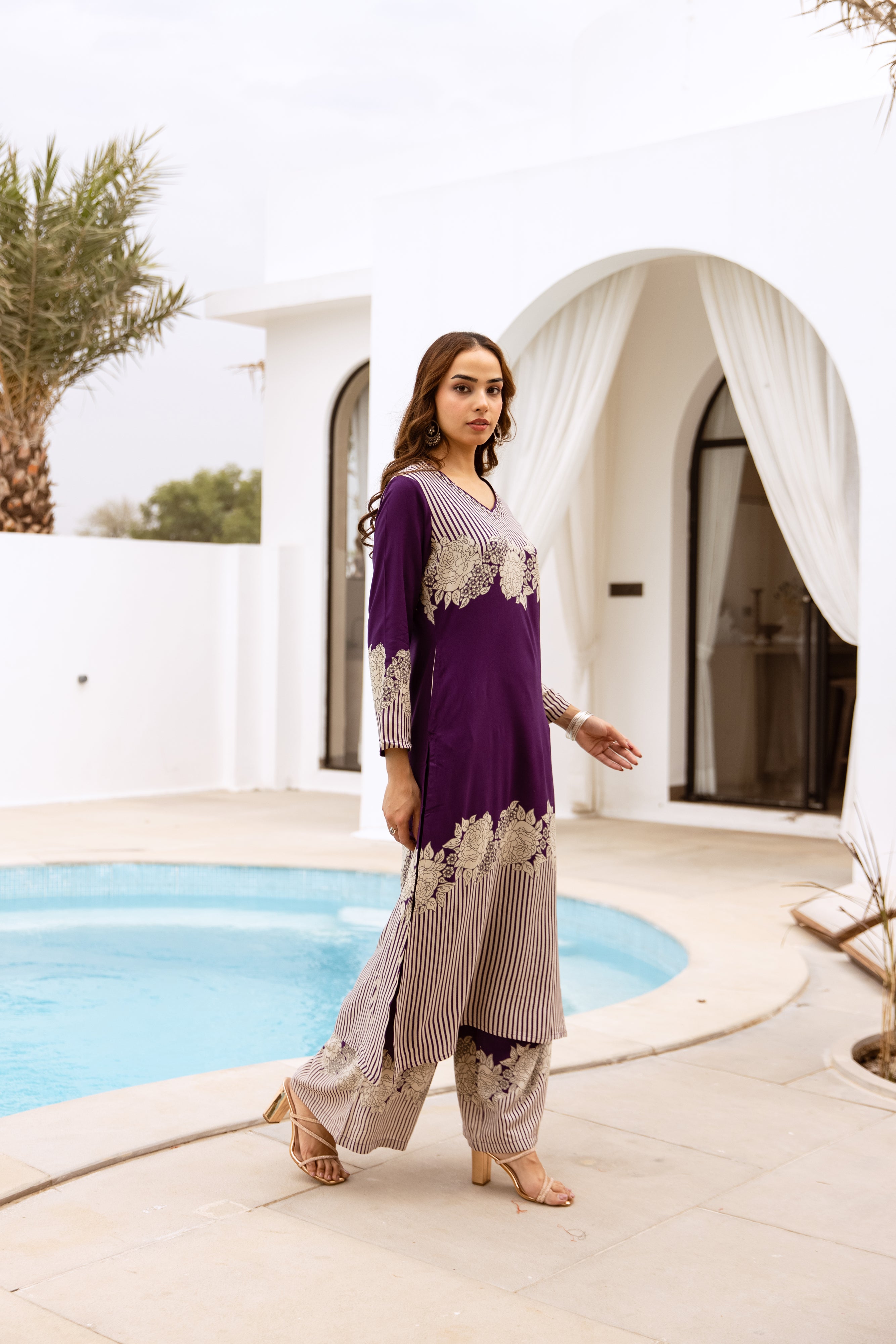 Women's Purple German Rayon Kurta and Palazzo Set