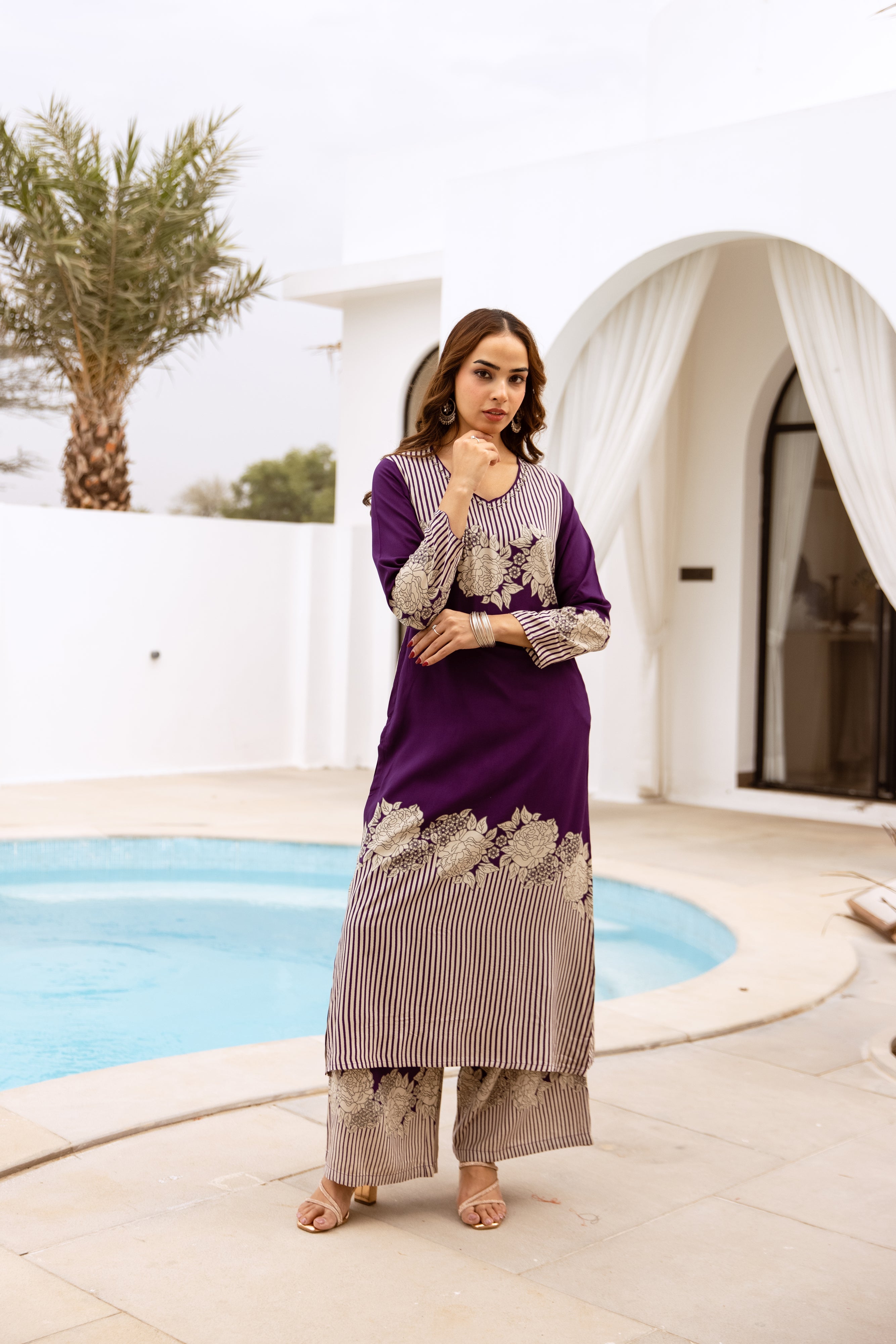 Women's Purple German Rayon Kurta and Palazzo Set