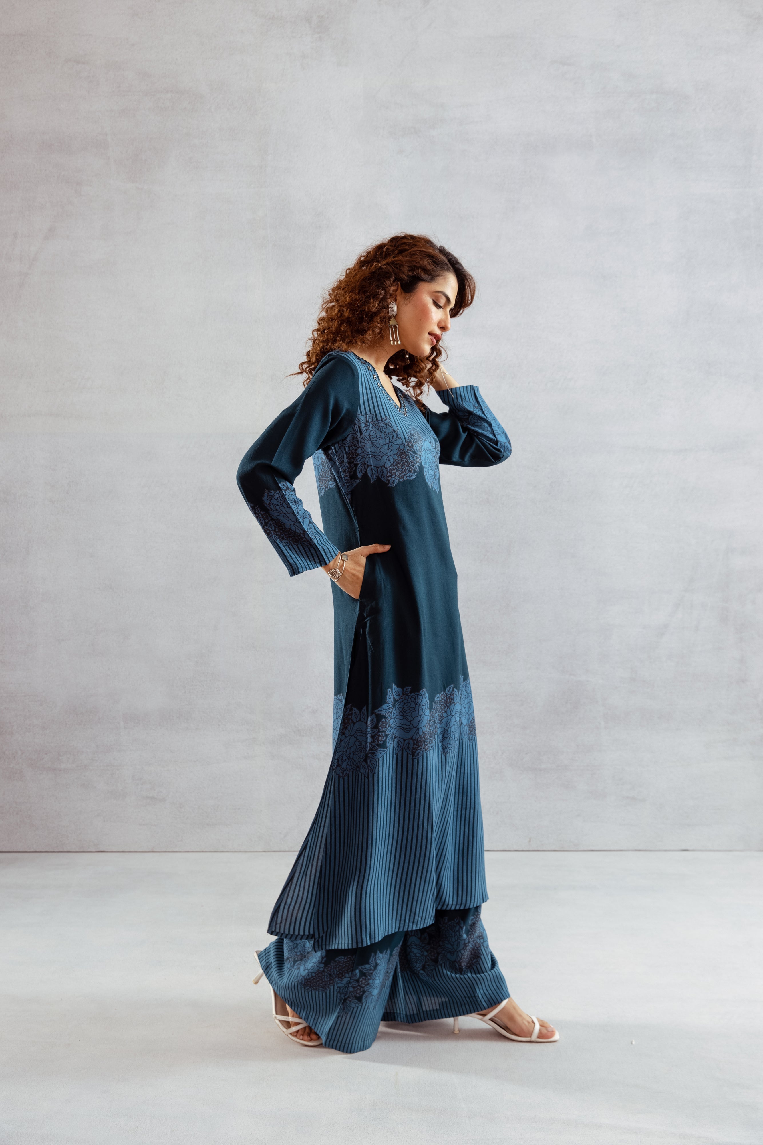 Women's Blue German Rayon Kurta and Palazzo Set